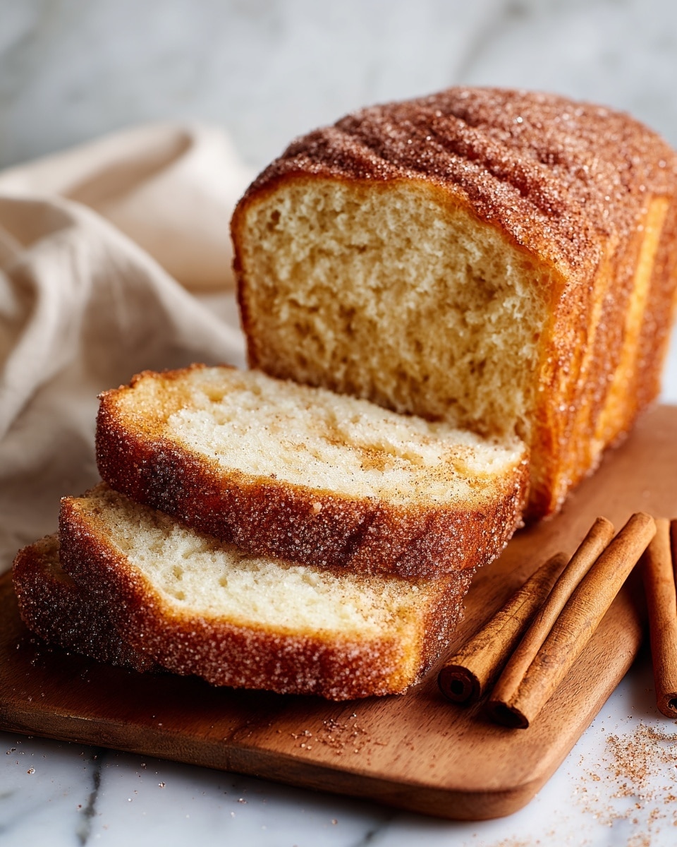 A sliced loaf of cake rests on a wooden board with two cinnamon sticks beside it. The cake has a soft, light yellow inside showing a fine crumb texture, while the outside is coated with a layer of sparkling cinnamon sugar, adding a grainy texture and warm brown color. The slices are thick and the loaf has uneven ridges running across the top, giving it a rustic look. The surface beneath the board is a white marbled texture. photo taken with an iphone --ar 4:5 --v 7