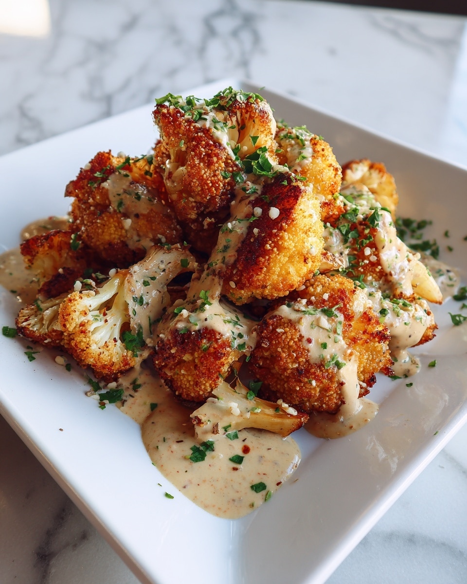 A white square plate is filled with a pile of golden brown fried cauliflower balls, each covered unevenly in a creamy white sauce with small green herb pieces sprinkled on top. The cauliflower balls have a crispy texture with some darker browned spots, and the sauce pools slightly at the base of the pile. The background shows a white marbled surface with some blurred indoor elements. photo taken with an iphone --ar 4:5 --v 7