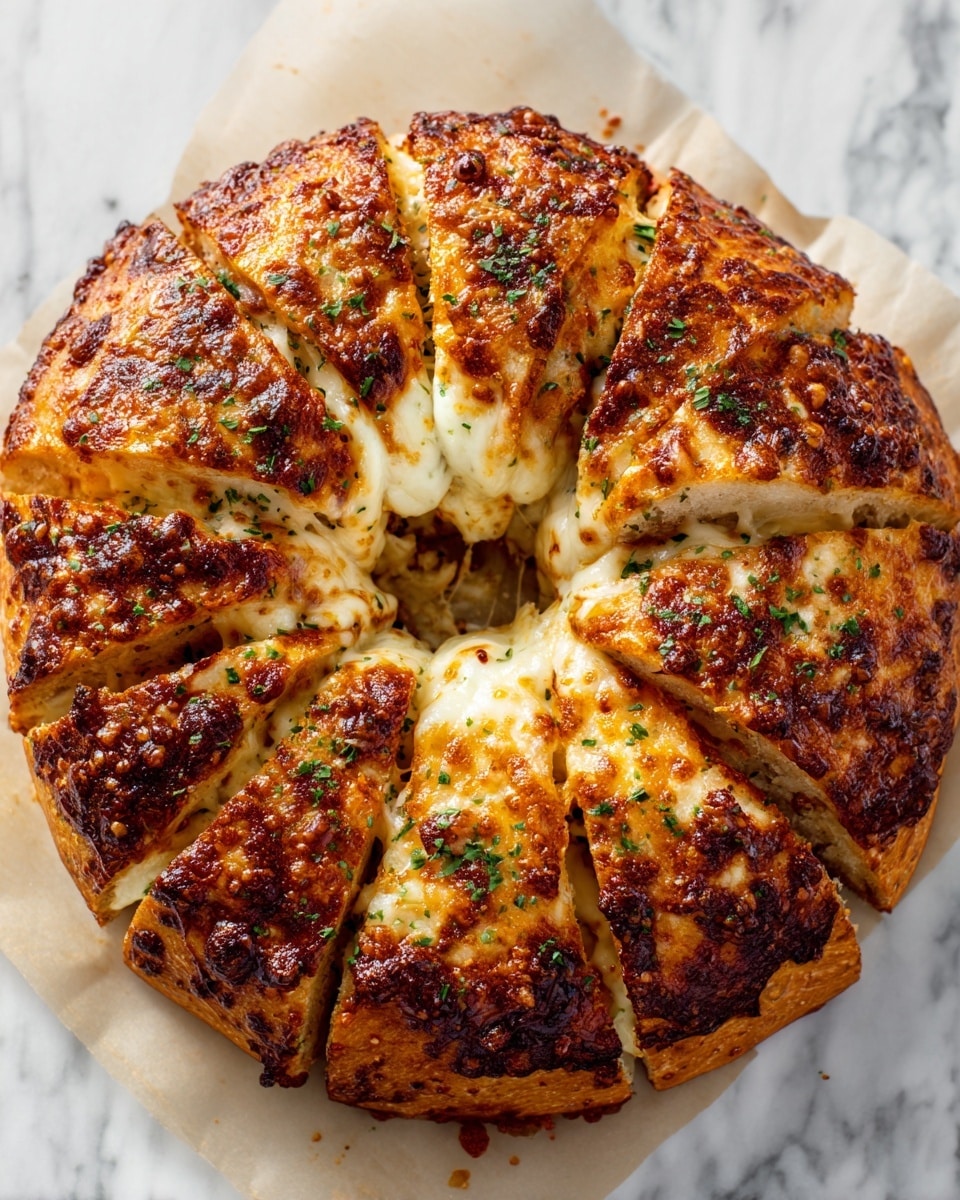 The image shows a round cheese bread ring with a hole in the middle, placed on white parchment paper over a white marbled texture. The bread is golden brown with a glossy, crispy cheese crust on top, showing darker browned spots and melted cheese oozing through in multiple places. The surface is sprinkled with chopped green herbs, adding a fresh contrast to the warm yellow and brown tones. The bread is divided into eight thick segments, each with a soft, fluffy interior peeking through the browned cheese crust, giving it a rich and cheesy look. photo taken with an iphone --ar 4:5 --v 7