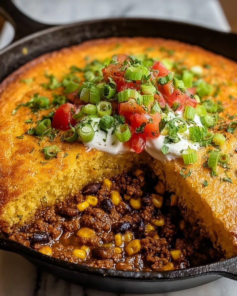The image shows a dish in a black cast iron pan with two main layers: the bottom layer consists of dark brown cooked ground meat mixed with black beans and yellow corn, looking rich and saucy; the top layer is a thick, golden yellow cornbread crust with a slightly crisp edge. On top of the cornbread, there is a small pile of bright red diced tomatoes, a dollop of smooth white sour cream, and a sprinkle of finely chopped green onions and fresh green herbs spread out, adding color contrast. The pan sits on a white marbled surface, and a portion of the cornbread has been cut out to reveal the filling. Photo taken with an iphone --ar 4:5 --v 7