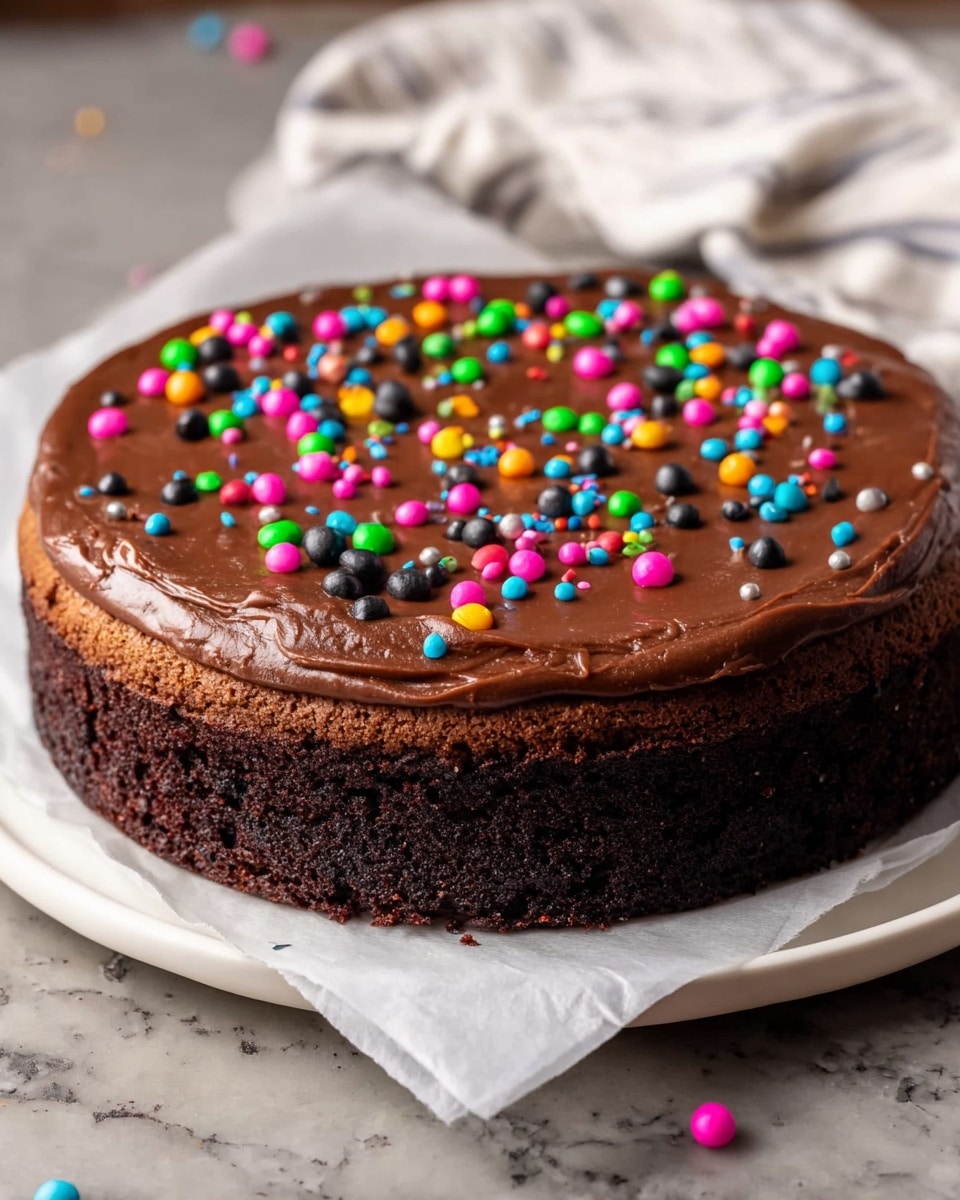 A round, two-layer chocolate cake sits on a white plate with a piece of white parchment under it. The bottom layer is dark brown and dense with a slightly rough texture, while the top layer is a lighter brown, smooth chocolate cheesecake. The top is covered in a thick, glossy chocolate ganache that is spread evenly with slight swirls, and it is decorated with small, colorful, round sprinkles scattered across the surface. The background is a white marbled texture. photo taken with an iphone --ar 4:5 --v 7