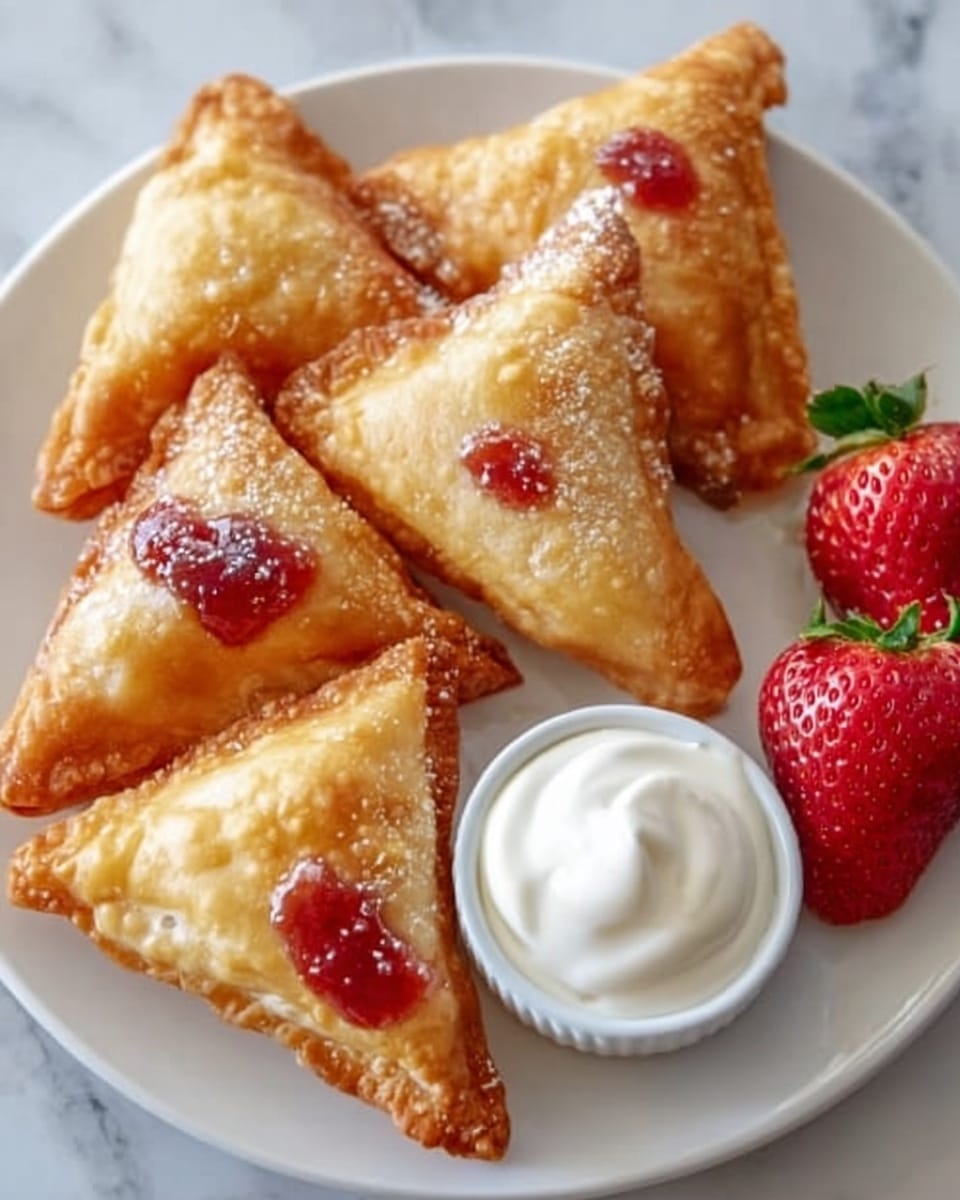 A white plate holds six small triangular fried pastries with a golden brown, crispy texture, some showing small red jam spots peeking through. On one side of the plate is a dollop of white whipped cream in a small white cup, and next to it are two fresh red strawberry halves with visible seeds and green tops. The plate is set on a white marbled surface. photo taken with an iphone --ar 4:5 --v 7