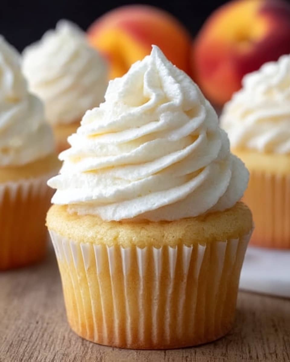A single vanilla cupcake with a light golden yellow base in a white paper liner, topped with a large swirl of creamy white frosting that has a smooth, fluffy texture, sitting on a white marbled surface with a blurred background showing hints of other cupcakes and soft orange shapes. Photo taken with an iphone --ar 4:5 --v 7