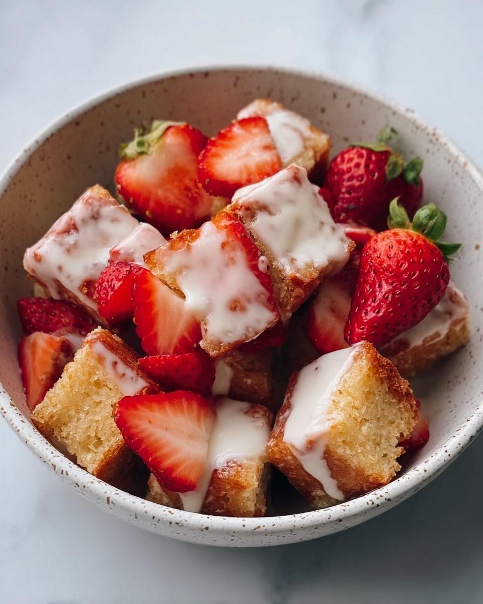 A bowl filled with even cubes of golden brown cake topped with a creamy white glaze, mixed with vibrant red strawberry halves and quarters, some strawberries showing their juicy seeds and white inner flesh. The cake pieces have a slightly crisp exterior, and the glaze drips over the sides of several cubes, blending with the bright red fruit. The bowl itself is white with a slight speckled texture, sitting on a white marbled surface. photo taken with an iphone --ar 4:5 --v 7