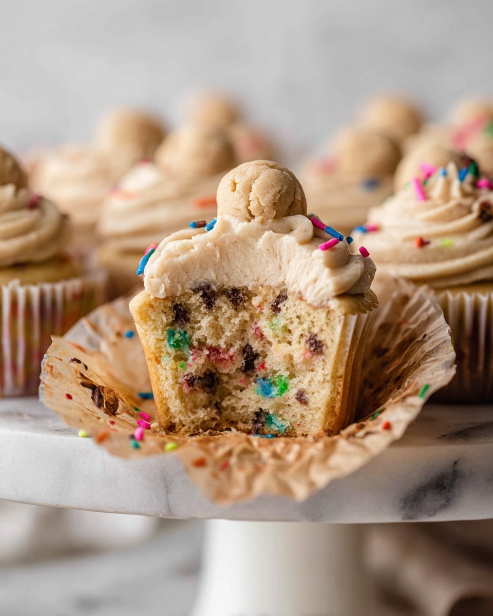 A close-up of a cupcake with three visible layers: the bottom layer is sponge cake with colorful sprinkles and small dark chocolate chips; the middle layer is a thick swirl of light beige frosting with a smooth and creamy texture, covering almost half the cupcake; the top layer is a small dollop of cookie dough with chocolate chips, placed on top of the frosting. The cupcake liner is white with multicolored spots that match the sprinkles inside the cake. The cupcake is partly unwrapped, showing the cake inside, and sits on brown parchment paper on a white marble cake stand with other similar cupcakes blurred in the background. The photo taken with an iphone --ar 4:5 --v 7