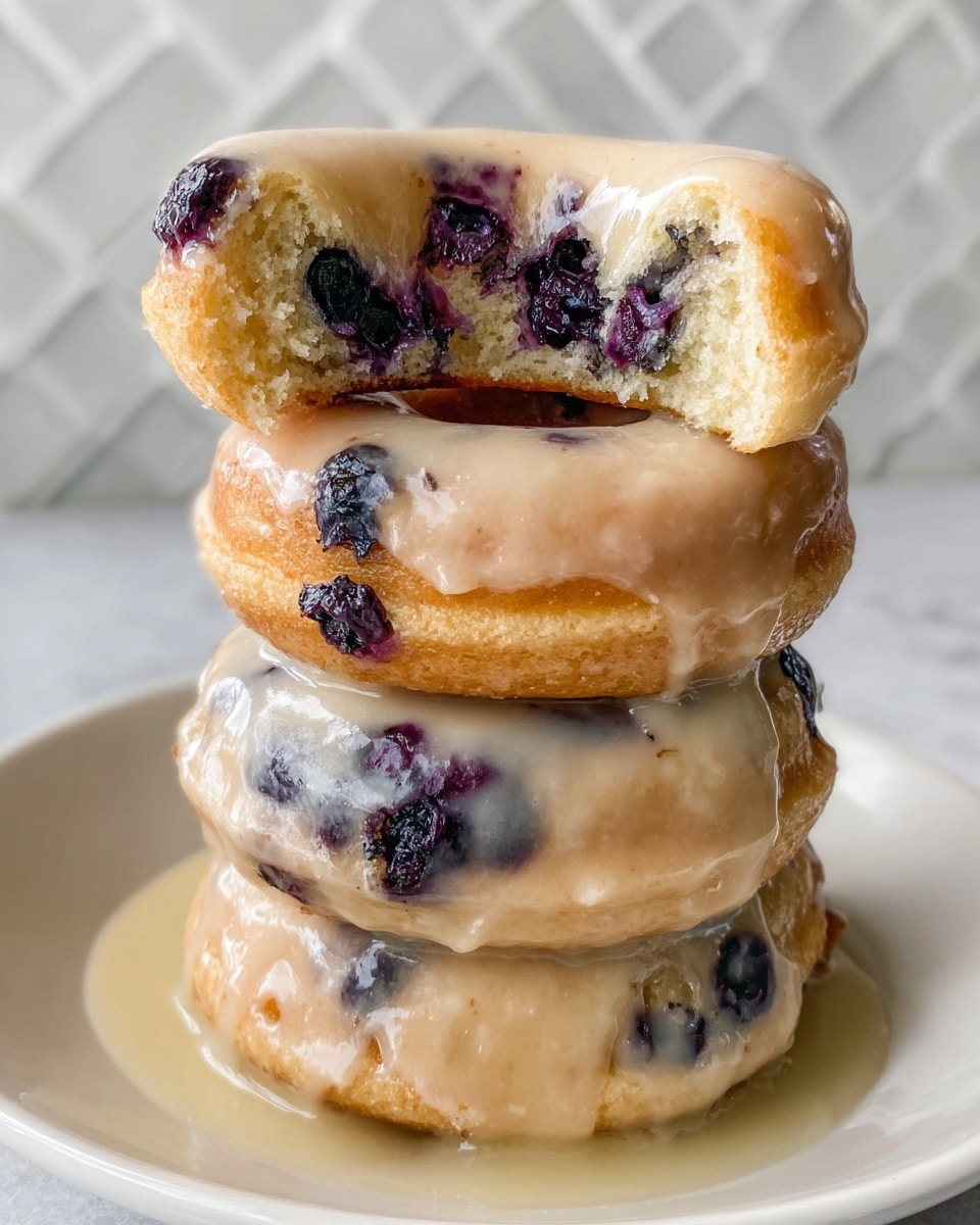 A stack of three glazed blueberry donuts sits on a white plate on a white marbled surface. The donuts have a shiny, light tan glaze dripping down their soft, golden-brown edges. The top donut has a large bite taken out of it, revealing a moist, fluffy inside with scattered dark purple blueberries. The blueberries create small colorful spots inside and near the surface of the donuts. The glaze glistens, highlighting the texture of the donuts and pooling slightly on the plate below. photo taken with an iphone --ar 4:5 --v 7