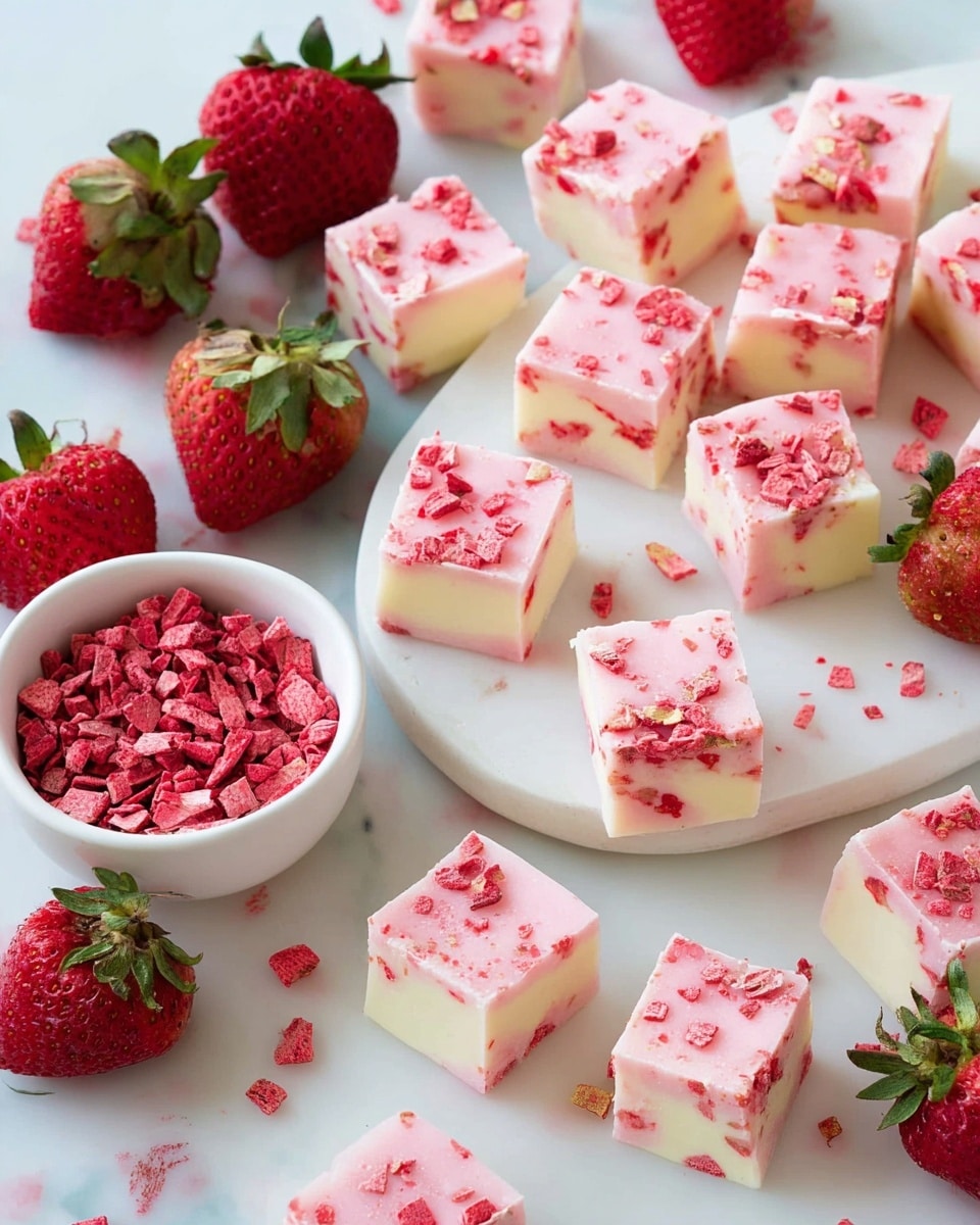 The image shows many small square pieces of fudge with two layers: a bottom creamy white layer and a top pink layer mixed with small red bits scattered on and inside it. The fudge pieces are arranged on a light blue plate resting on a white marbled surface, with several fresh red strawberries placed around them. In the center of the image, there is a small white bowl filled with bright red crushed freeze-dried strawberries that add texture to the scene. The overall look is colorful, fresh, and inviting. photo taken with an iphone --ar 4:5 --v 7