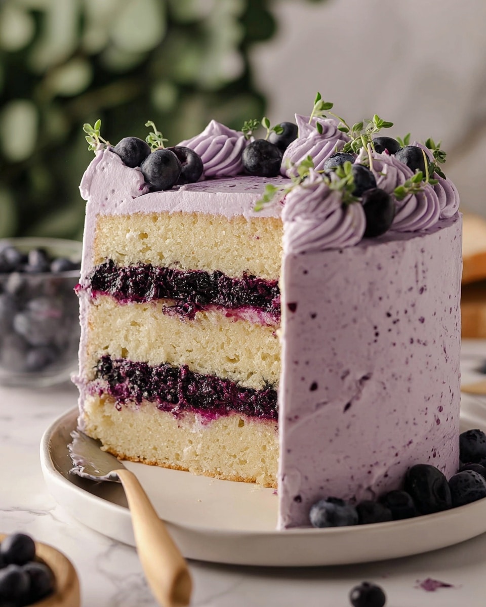 A slice of three-layer vanilla sponge cake is held by a silver cake server, showing two thick layers of dark purple berry jam and light purple frosting in between. The outside of the cake is completely covered with smooth light purple frosting, decorated with a swirl pattern on top. The top layer is garnished with two dark berries, and the whole cake sits on a white plate against a white marbled background. Photo taken with an iphone --ar 4:5 --v 7