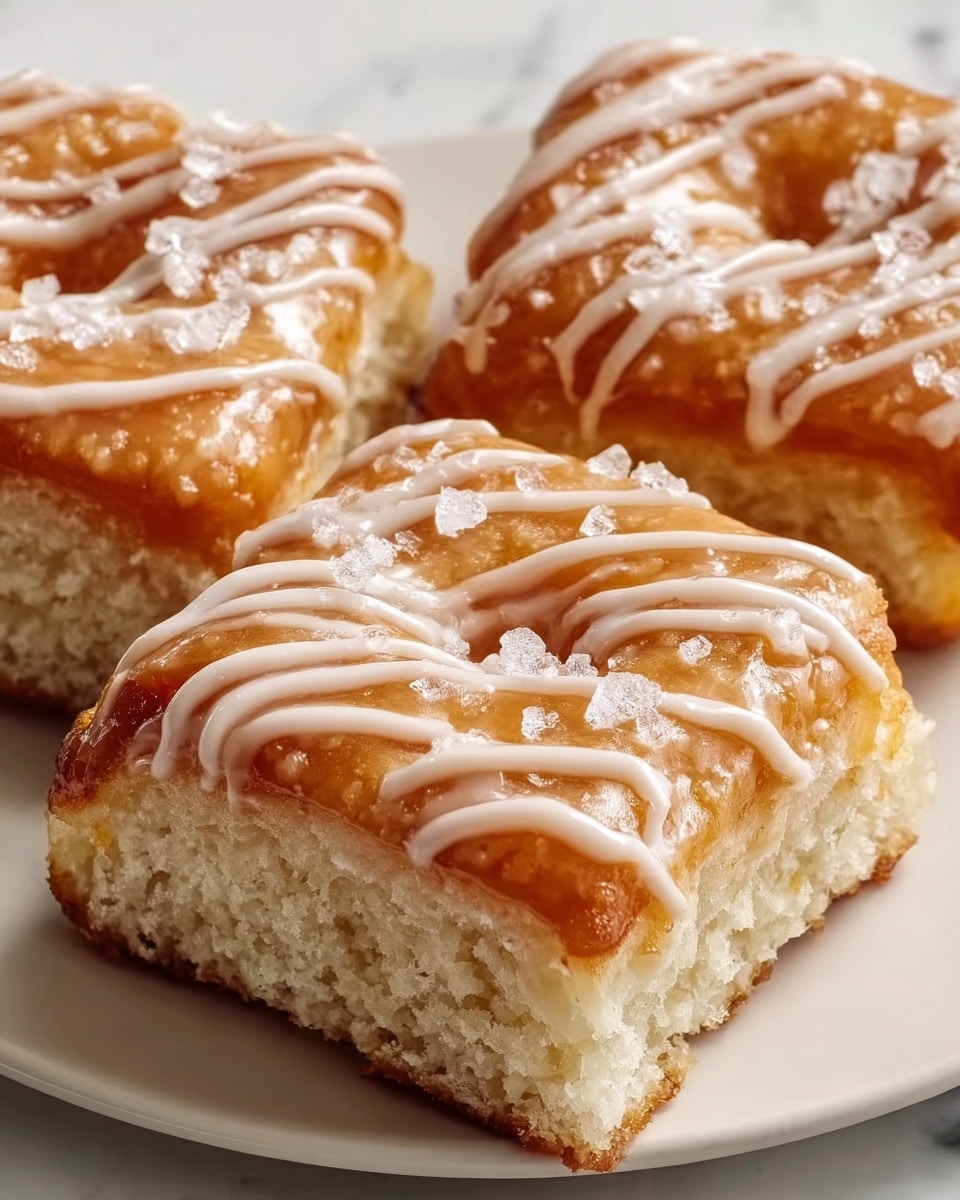 A close-up view of square-shaped pastries with a golden brown top layer that looks shiny and sticky, covered with thin white icing drizzles in a crisscross pattern. Below the glossy top layer, there is a soft and light beige bottom layer with a cake-like texture. Some white sugar crystals are sprinkled on the top, adding a frosted look. The pastries rest on a white plate against a white marbled surface. Photo taken with an iphone --ar 4:5 --v 7