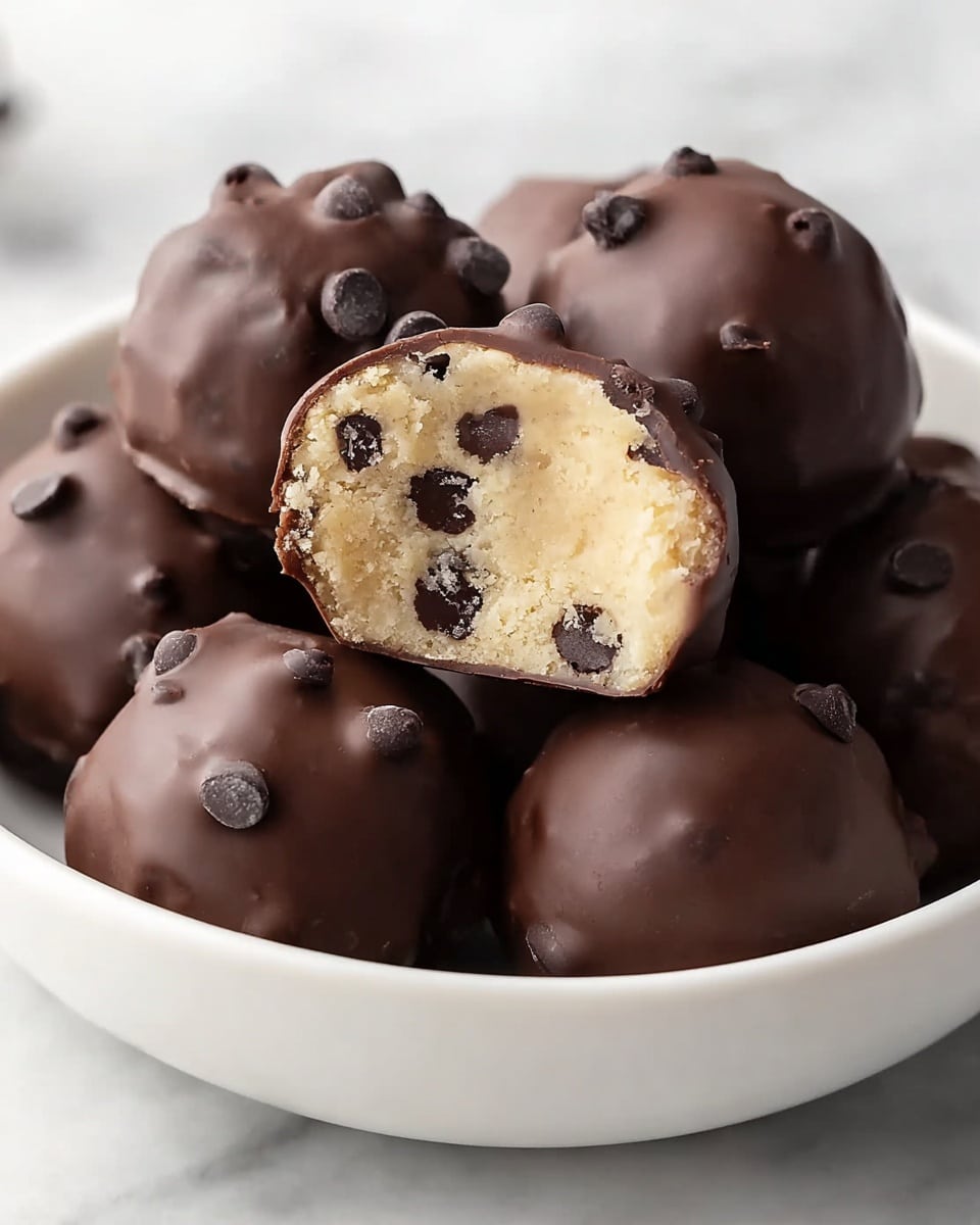 A close-up view of several round chocolate-covered truffles placed in a white bowl on a white marbled surface, with one truffle at the top broken in half to show its inside; the inside has a creamy beige base filled with large dark chocolate chips, while the outer layer is smooth dark chocolate with small bumps, giving a shiny and rich texture. photo taken with an iphone --ar 4:5 --v 7