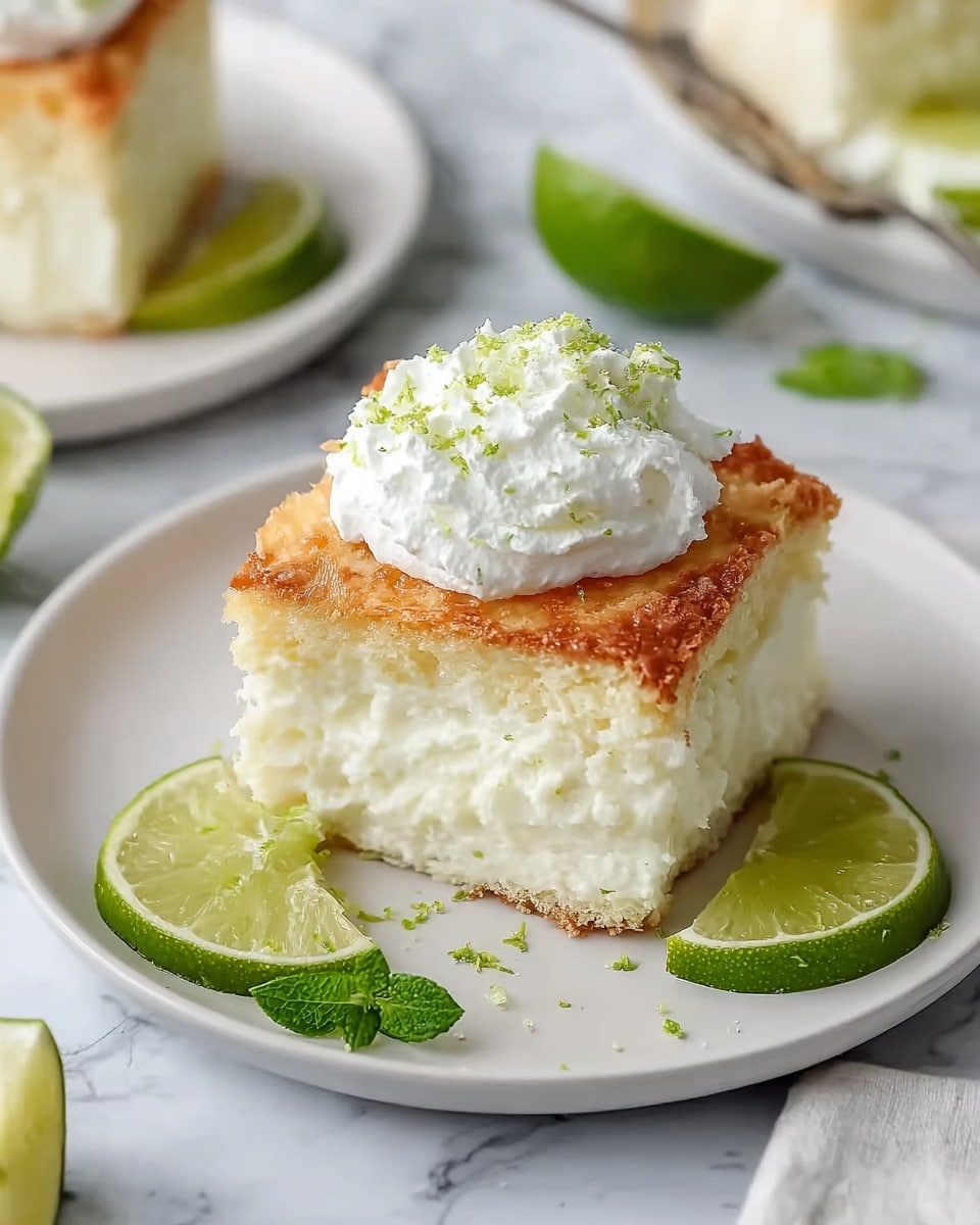 A square slice of light, fluffy cake with a golden brown crust on top and a soft white inside sits on a white plate. The top of the cake is decorated with a dollop of white whipped cream sprinkled with tiny green lime zest. Around the cake on the plate are bright green lime wedges and two small fresh mint leaves. The plate rests on a white marbled surface with part of a green and white striped cloth visible at the bottom edge. Photo taken with an iphone --ar 4:5 --v 7