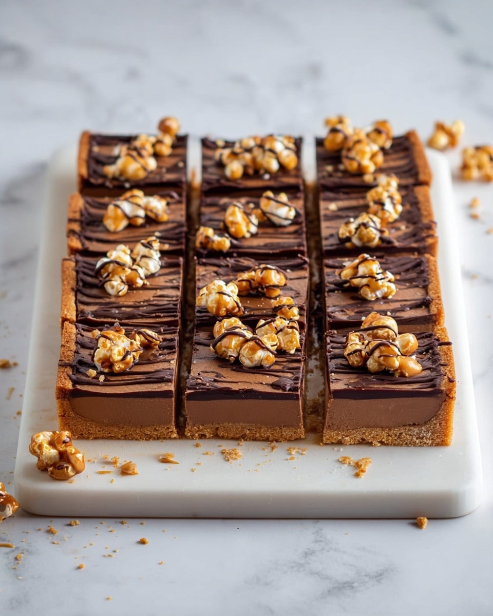 A rectangular dessert cut into 16 uneven squares sits on a white cutting board against a white marbled texture. The dessert has a thick, golden brown crust as the bottom layer. Above that is a smooth, light milk chocolate layer, topped with scattered clusters of roasted macadamia nuts in a light tan color. On the surface, there are thin dark chocolate drizzle lines creating an irregular pattern. Some pieces show a darker chocolate border along the edges, adding contrast and texture, and a few crumbs are scattered around the cutting board edges. photo taken with an iphone --ar 4:5 --v 7