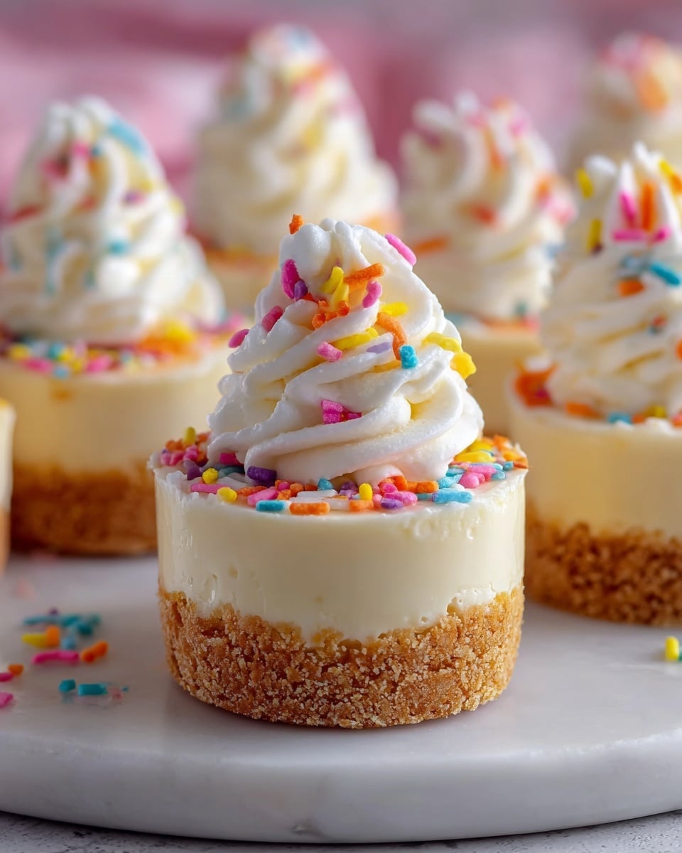 The image shows a small round cheesecake with three clear layers on a pink cake stand against a white marbled texture. The bottom layer is a crumbly golden brown crust, the middle layer is thick and creamy off-white cheesecake, and the top is a swirl of white whipped cream decorated with colorful round and rod-shaped sprinkles in orange, pink, yellow, and blue. More mini cheesecakes appear blurred in the background on the same pink stand, also topped with whipped cream and sprinkles. Photo taken with an iphone --ar 4:5 --v 7