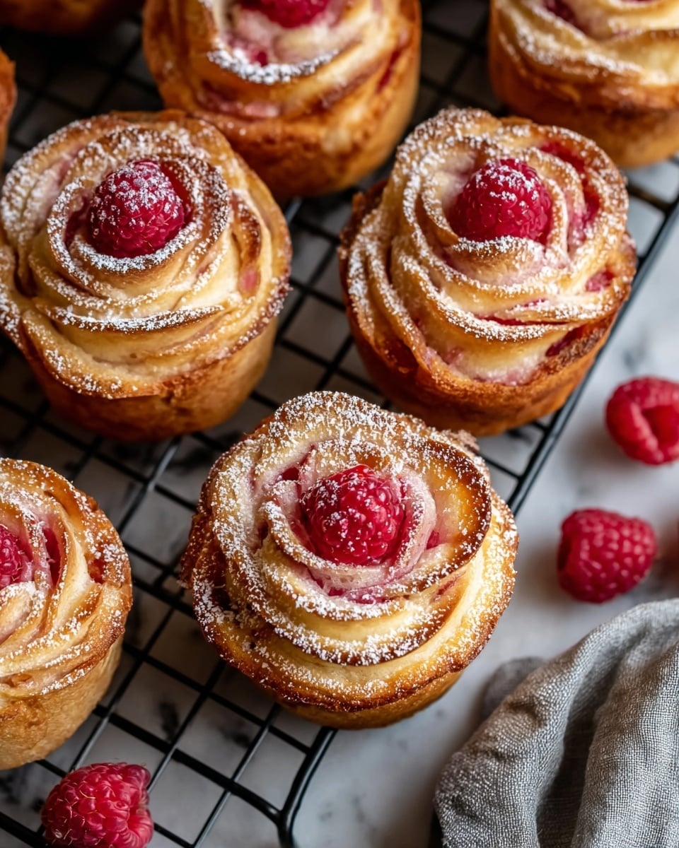 The image shows several golden-brown cupcakes shaped like roses with multiple thin swirled layers of pastry forming the petals, each dusted lightly with powdered sugar. Inside the swirled layers, there are visible hints of red raspberry filling, adding contrast to the light golden outer layers. Each cupcake is topped with two fresh, bright red raspberries, adding a pop of vibrant color. The cupcakes are placed on a black wire cooling rack set against a white marbled textured surface, with a few loose raspberries scattered around, and a light gray cloth partially visible in the foreground. Photo taken with an iphone --ar 4:5 --v 7