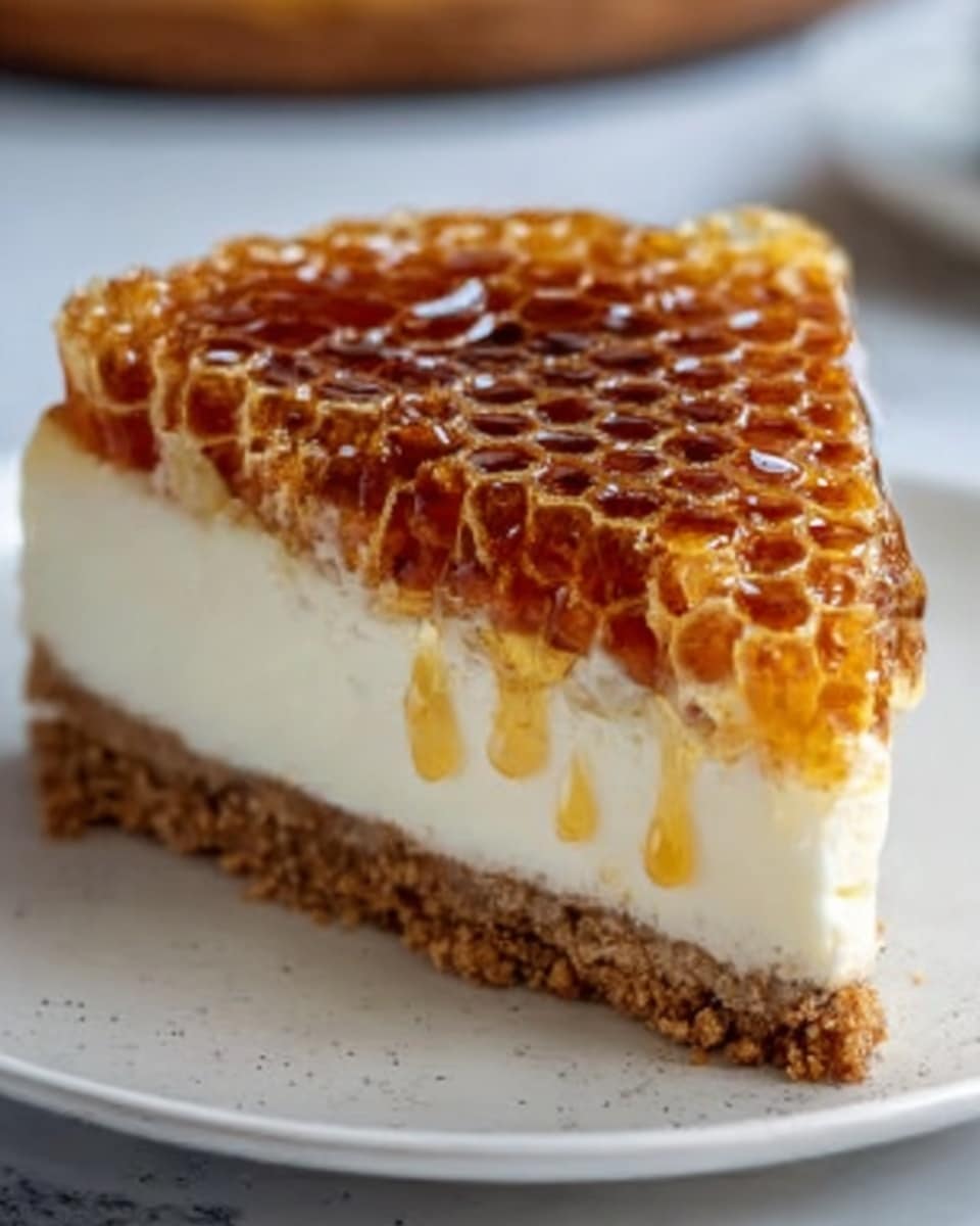 A close-up of a slice of honeycomb cheesecake on a white plate, placed on a white marbled surface. The slice has three clear layers: a crumbly light brown crust at the bottom, a thick creamy white cheesecake layer in the middle, and a golden honeycomb piece with hexagon cells on top that looks shiny and textured. Part of the honeycomb layer is slightly dripping with honey. Photo taken with an iphone --ar 4:5 --v 7