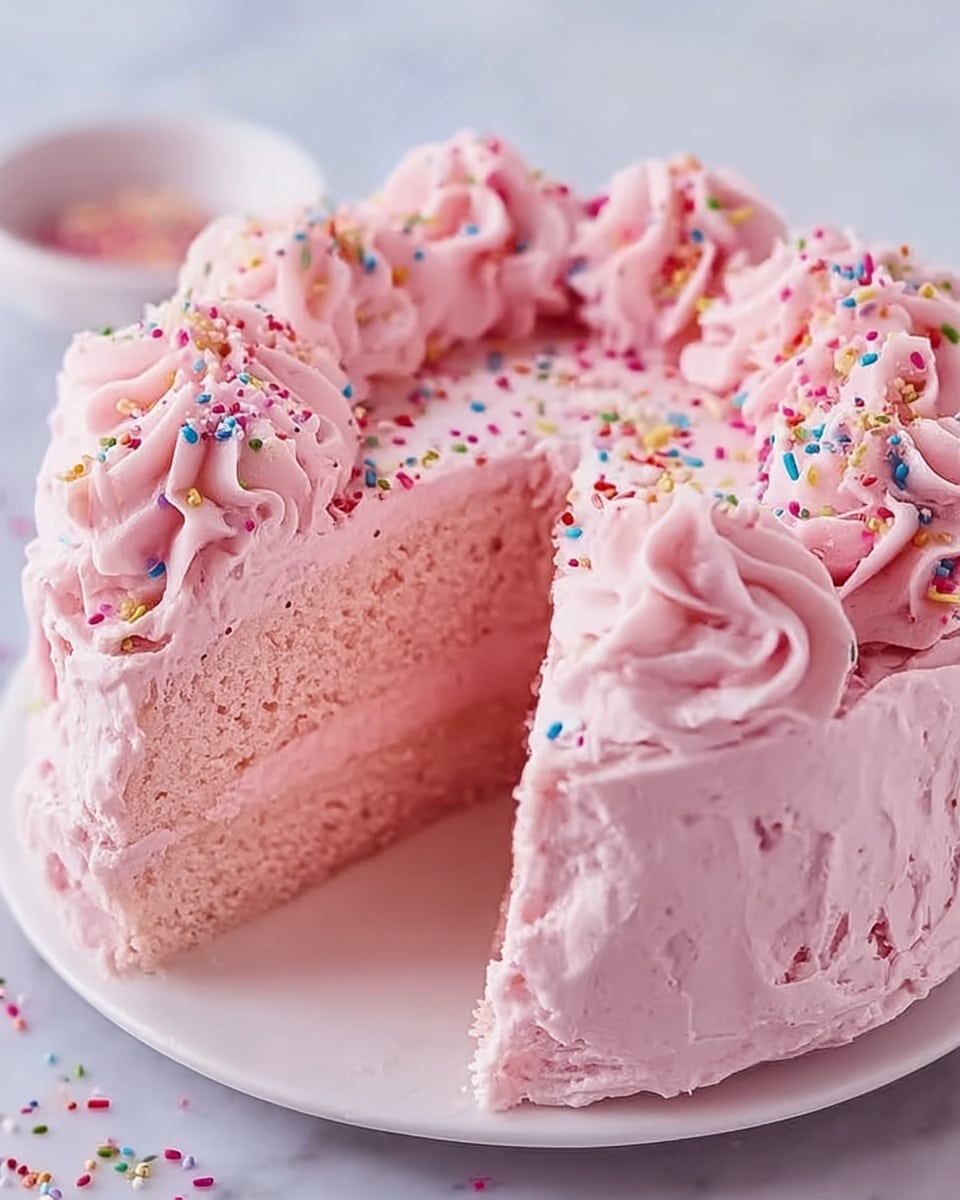 The image shows a round, pink cake with three layers, each layer having a light pink color and soft texture. The whole cake is covered with thick, swirled pink frosting, giving it a fluffy appearance. The top of the cake is decorated with colorful round sprinkles scattered evenly. A slice is cut out, revealing the smooth and moist inside. The cake is placed on a white plate, sitting on a white marbled surface. photo taken with an iphone --ar 4:5 --v 7