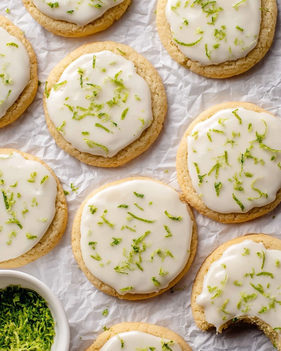 The image shows several round cookies with a pale golden-brown base topped with a smooth, creamy white icing layer. Each cookie has a single icing layer that covers the top, decorated with small green specks of lime zest scattered evenly over the icing. One cookie near the bottom right has a bite taken out, revealing the soft texture inside. The cookies are placed on crinkled white parchment paper over a white marbled surface, and there is a small white bowl filled with extra lime zest near the bottom left corner. Photo taken with an iphone --ar 4:5 --v 7