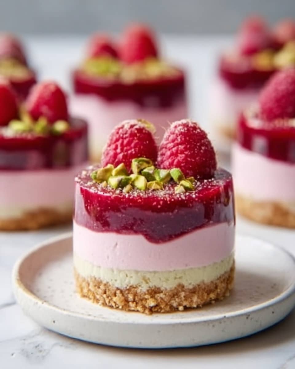The image shows a small round dessert with four visible layers on a white marbled surface. The bottom layer is a light brown crumbly crust. Above that is a thick, dark red jelly layer with a slightly shiny texture. The next layer is a smooth, pink cream, and on top of that is a pale green cream layer. The dessert is decorated with three fresh red raspberries and small pieces of bright green pistachios on the top. The background is softly blurred with similar desserts visible behind the main one. Photo taken with an iphone --ar 4:5 --v 7
