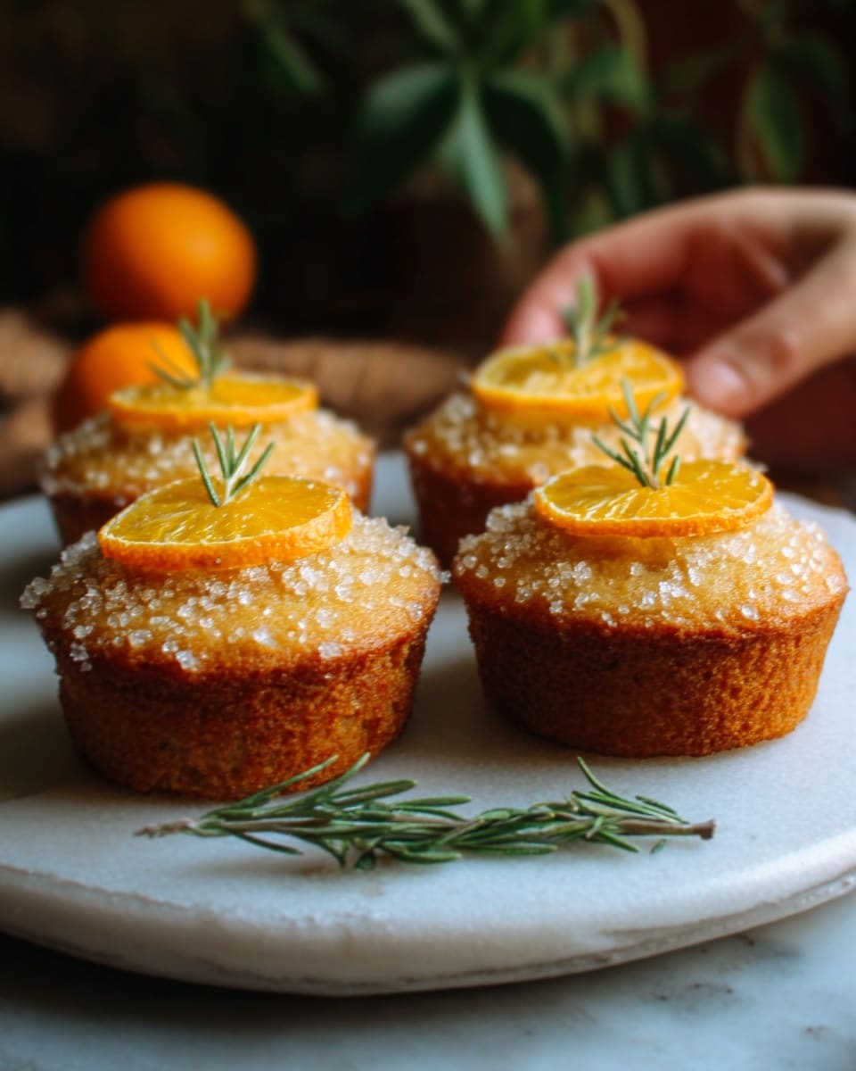 The image shows four small round muffins placed closely together on a white rectangular tray. Each muffin is golden brown with a slightly rough texture on the outside. On top of each muffin is a shiny orange glaze layer, finished with a thin slice of orange placed flat in the center. The glazed tops sparkle lightly under soft light. A sprig of green rosemary lies beside the muffins on the tray. The background shows a white marbled texture surface with blurred dark green foliage in the distance. A woman's hand is gently touching one muffin from the front left. Photo taken with an iphone --ar 4:5 --v 7