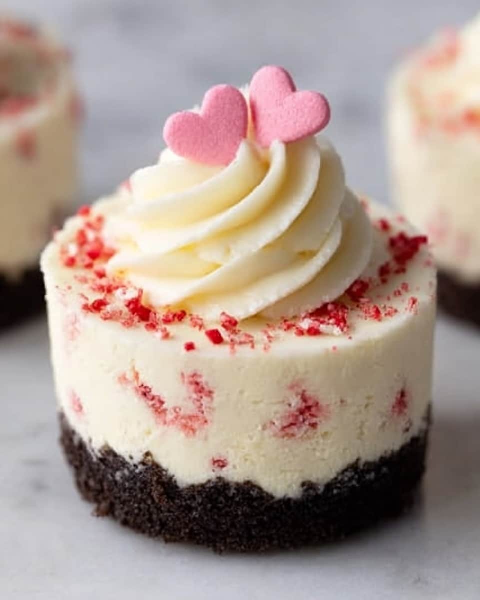 A small cheesecake with one thick, dark chocolate cookie crust at the bottom, topped by a creamy white cheesecake layer mixed with small red bits inside. On top of the cheesecake is a swirl of thick white cream, decorated with two small pink heart-shaped candies and some red sprinkles scattered around. The cheesecake is placed on a white plate, set on a white marbled surface. Photo taken with an iphone --ar 4:5 --v 7