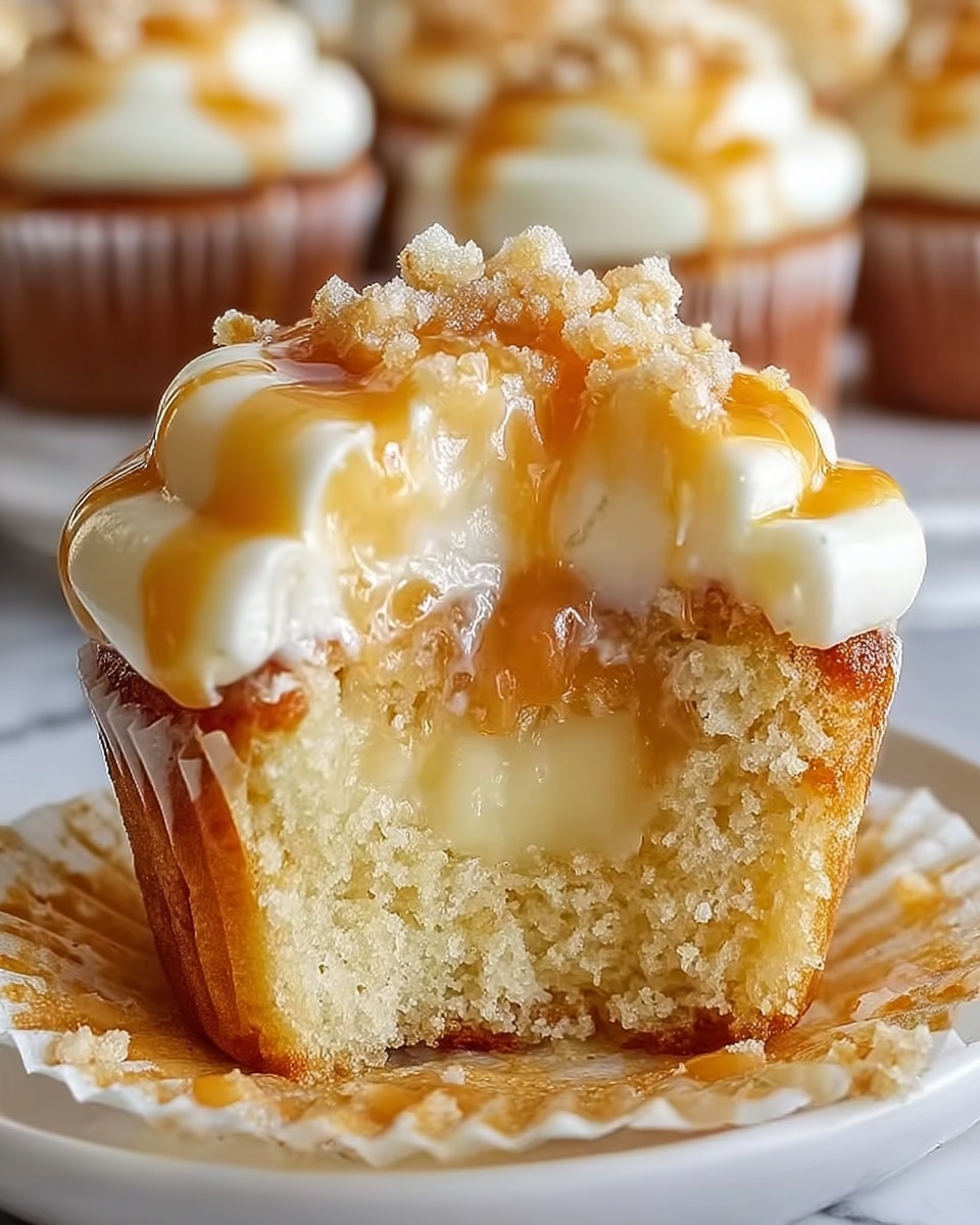 The image shows a close-up of a cupcake with three main layers. The bottom layer is a golden, soft, and moist cake with a few crumbs scattered around. The middle layer inside the cupcake is filled with a thick, pale yellow creamy custard that can be seen where the cupcake is bitten. The top layer is a smooth, off-white frosting generously spread on top, with a drizzle of shiny, amber caramel sauce flowing down the sides. Some small crunchy sugar crystals are sprinkled on top of the frosting. The cupcake liner is white, and the cupcake sits on a white plate with a white marbled background. Photo taken with an iphone --ar 4:5 --v 7