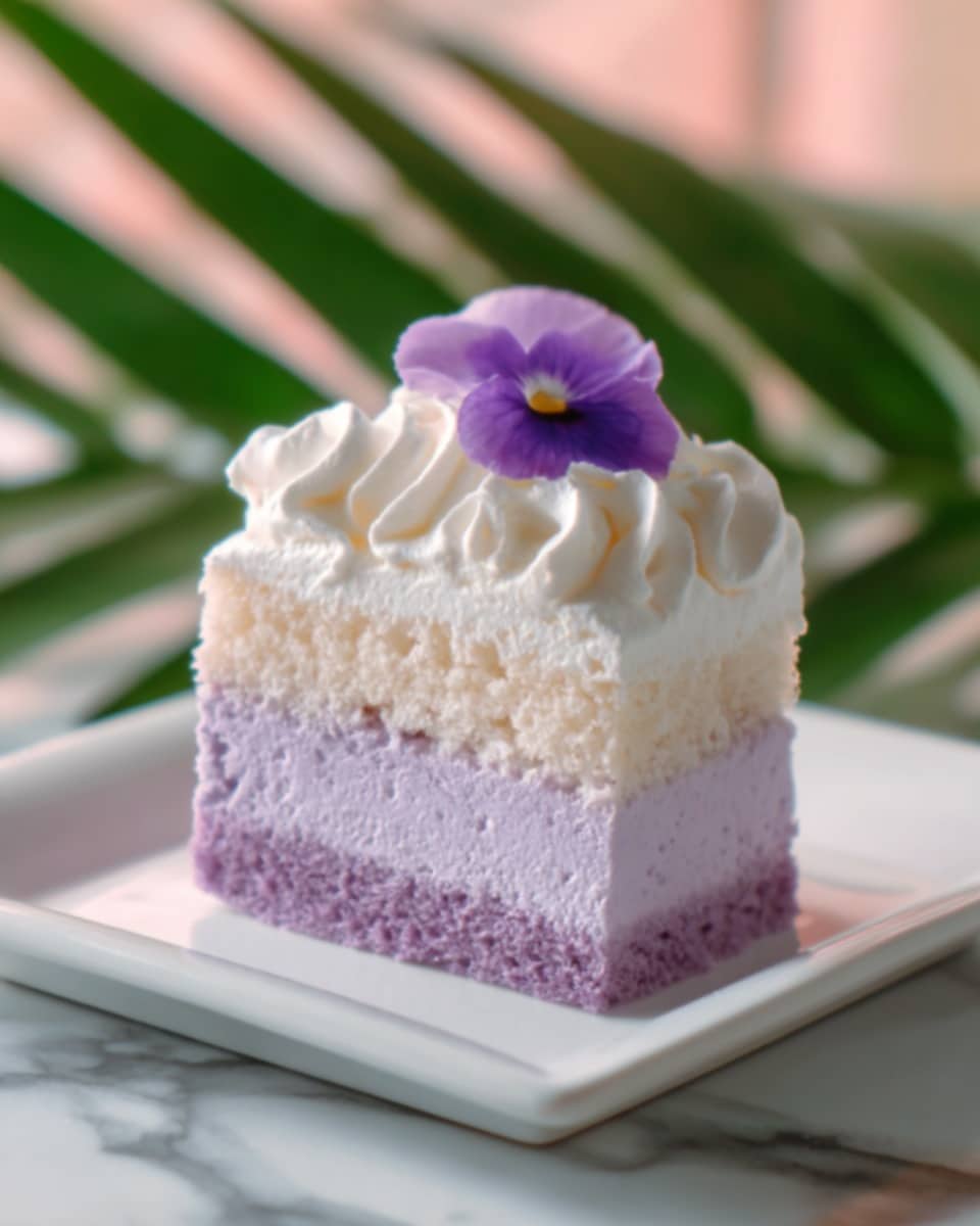 A slice of cake with three visible layers sits on a white square plate placed on a white marbled surface. The bottom two layers are a pale purple sponge with a soft, creamy texture, while the top layer is light and fluffy whipped cream. On top of the whipped cream, there is a small purple flower as decoration. The background shows a blurred purple and pink setting with a green leaf silhouette. Photo taken with an iphone --ar 4:5 --v 7