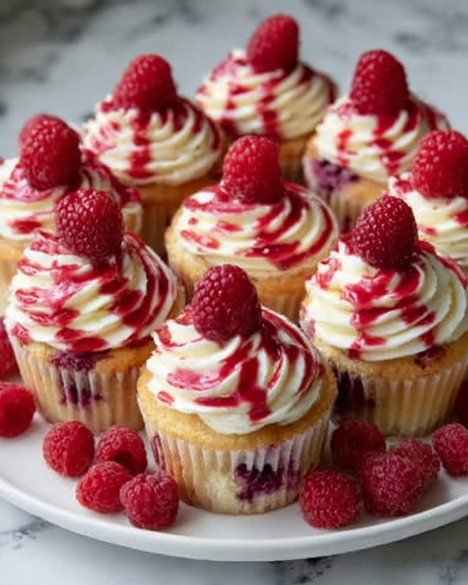 The image shows a group of cupcakes arranged closely on a white plate. Each cupcake has a golden-brown base that looks soft and moist. On top, there is a swirl of creamy white frosting with smooth texture, piped in a circular motion forming a small peak. A whole red raspberry sits on the top center of each frosting swirl. Red syrup is drizzled lightly over the frosting and raspberries, adding a glossy finish. Around the plate, fresh raspberries are scattered, adding a bright red color contrast. The plate is set on a white marbled textured surface. Photo taken with an iphone --ar 4:5 --v 7