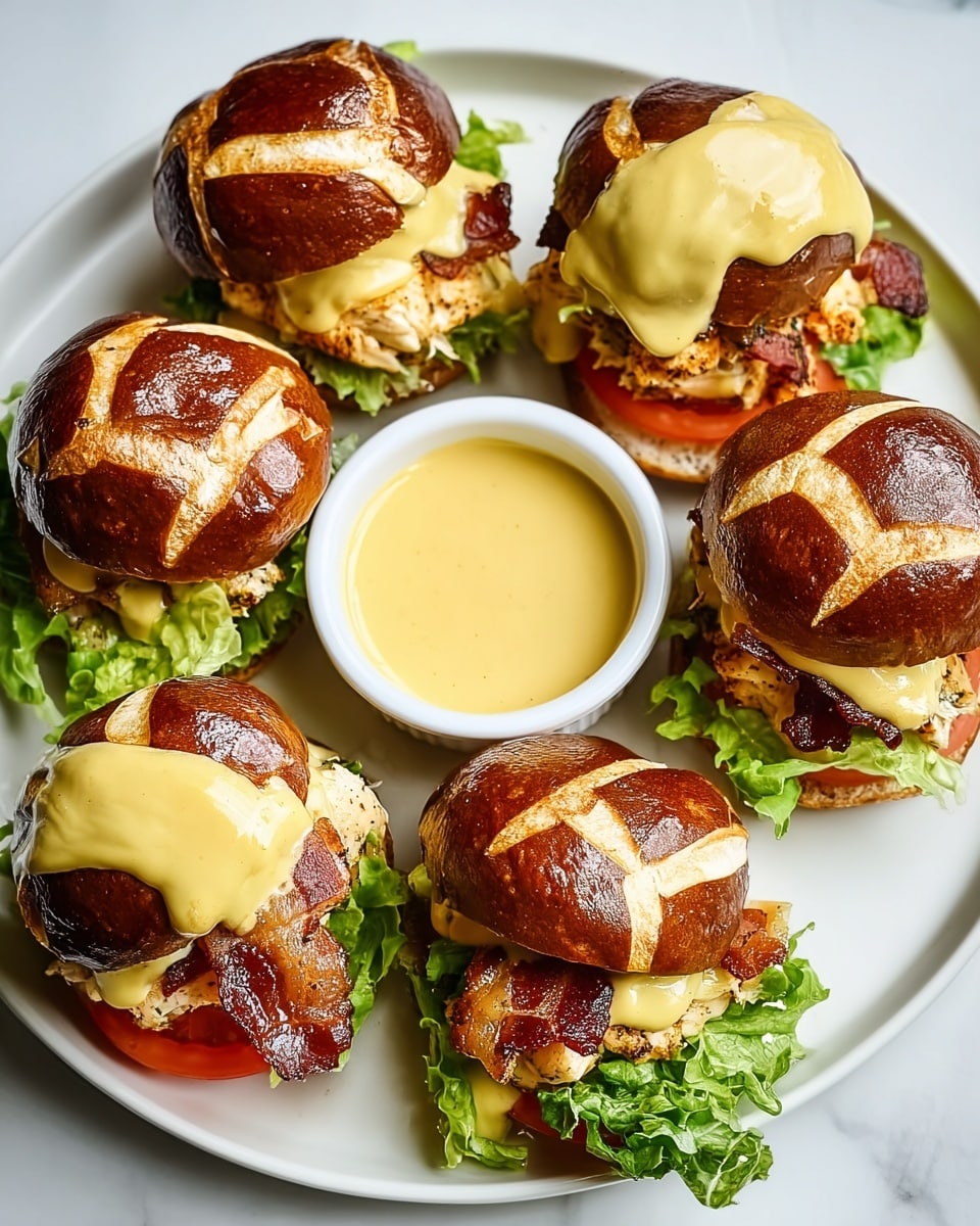 A white plate holds five small sandwiches, each with a shiny dark brown top bun sprinkled with white sesame seeds and thick yellow sauce drizzled in lines. Underneath the top buns, there are pieces of lightly browned grilled chicken, crispy bacon, and fresh green lettuce, along with slices of red tomato. The bottom buns are soft and golden. In the center of the plate, there are two white ramekins filled with creamy, pale yellow dipping sauce with small dark specks. The whole plate is set against a white marbled surface. photo taken with an iphone --ar 4:5 --v 7