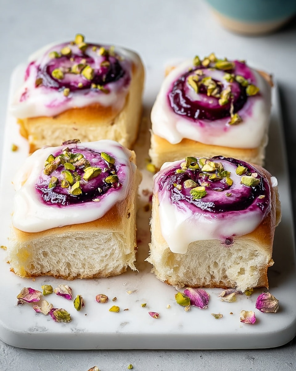 The image shows four square-shaped rolls on a white tray with a white marbled texture background. Each roll has a soft, light golden-brown base layer of dough. On top of each roll is a thick white icing layer that looks smooth and creamy, swirling inward to a glossy purple fruit jam center. The jams are rich and slightly shiny with deep purple-red tones. The rolls are sprinkled with small, chopped green pistachio nuts and some scattered dark pink rose petals, adding texture and color contrast. One roll is partly eaten, revealing a fluffy and airy bread inside. Photo taken with an iphone --ar 4:5 --v 7