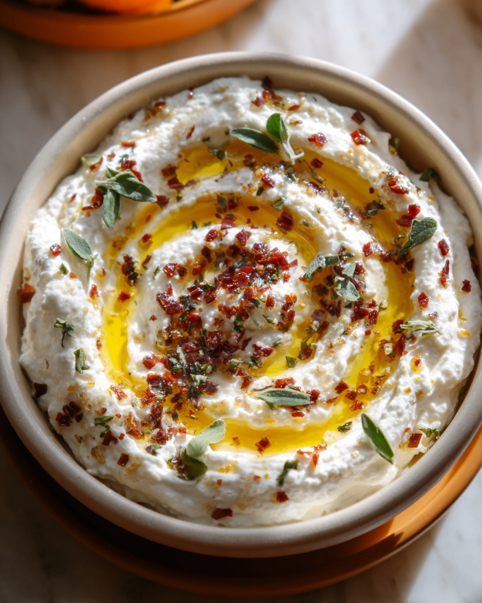 The image shows a round white bowl filled with a creamy, white spread that has a smooth texture with small curds, swirled in a spiral pattern. On top of the spread, there is a drizzle of golden olive oil forming concentric circles. Scattered over the surface are small dark red bits that look like spices or chili flakes, and tiny green herb leaves are placed around the center as garnish. The bowl sits on a white marbled surface with warm lighting, creating a cozy feel. photo taken with an iphone --ar 4:5 --v 7