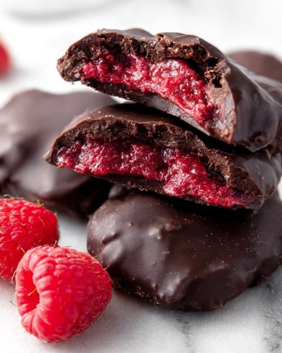 The image shows a close-up of four chocolate-covered raspberry snacks stacked on a white marbled surface. Each snack has a thick, dark brown chocolate outer layer with a rough texture, cracked slightly to show the inside. The inner layer is a bright red raspberry filling, visible in one open snack placed on top. Small raspberry pieces and seeds can be seen in the filling. To the side, there are two fresh raspberries adding a touch of color. photo taken with an iphone --ar 4:5 --v 7