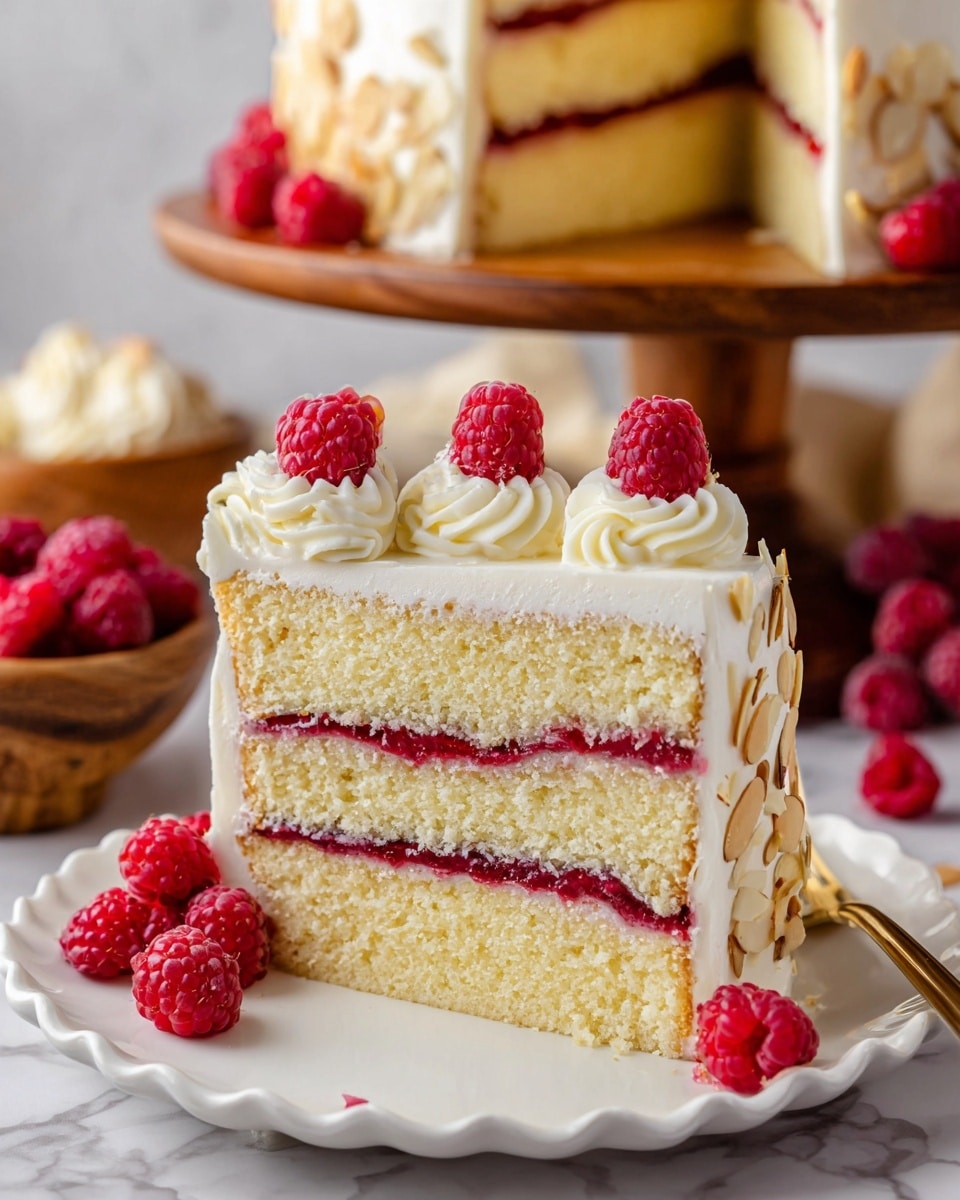 A three-layer vanilla sponge cake slice sits on a white plate with delicate scalloped edges. The layers are separated by two thin, bright red raspberry jam fillings, while the outer layer is coated with smooth white frosting. On top, three swirls of white cream each hold a fresh red raspberry, and the sides are decorated with slivered almonds. The background features a whole matching cake on a wooden stand with a blurred vase holding dried flowers, and raspberries in small white bowls with red heart designs, all placed on a white marbled surface. photo taken with an iphone --ar 4:5 --v 7