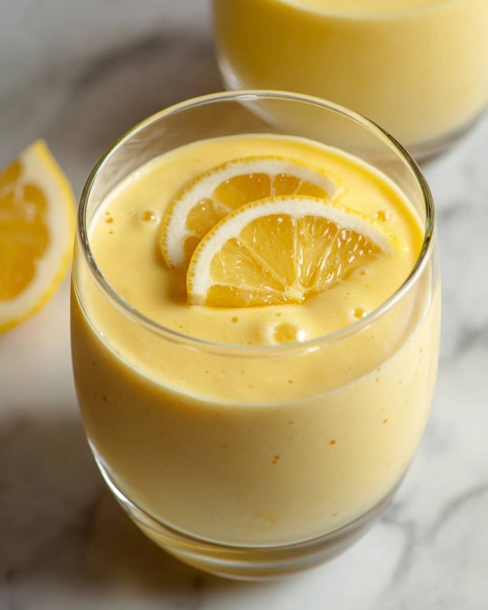 A clear glass filled with a creamy pale yellow lemon dessert sits on a white marbled surface. The dessert has a smooth texture with tiny bubbles on top. Two thin lemon slices, one resting partially on the other, float gently on the surface, adding a bright yellow and slightly translucent layer with a glossy look. In the background, another glass with the same dessert is slightly blurred. photo taken with an iphone --ar 4:5 --v 7