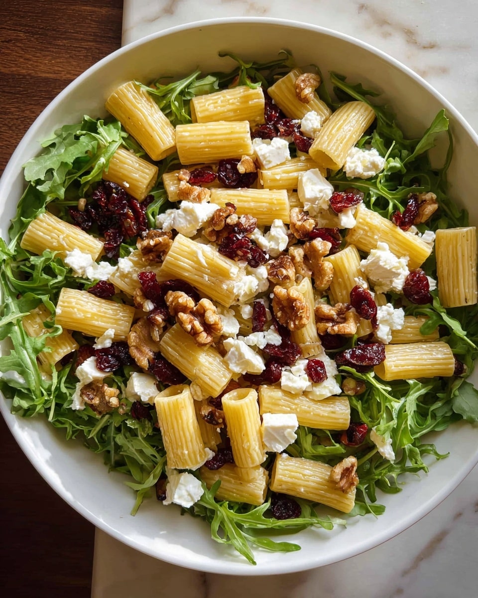 A white bowl filled with a colorful dish starting with a base layer of bright green arugula leaves, topped with light yellow ridged rigatoni pasta scattered evenly across. Over the pasta, there are small crumbles of white cheese and shiny dark red dried cranberries scattered on top. Light brown walnut pieces are sprinkled all over, adding texture and contrast to the mix. The bowl is set on a white marbled surface. photo taken with an iphone --ar 4:5 --v 7