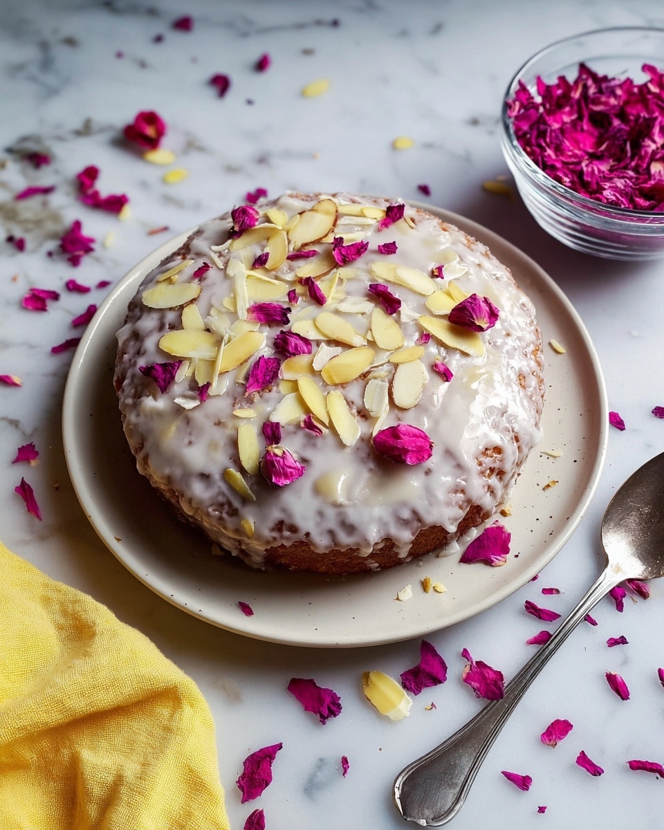 A round cake with one visible layer sits on a flat surface with a white marbled texture. The cake has a light brown color and is coated with a smooth white icing that covers the top and part of the sides. On top, there are scattered thin almond slices and small bright pink edible flower petals. Around the cake, some almond slices and flower petals are also sprinkled on the white marbled surface. To the right of the cake, there is a small clear glass bowl filled with the same bright pink flower petals. A silver spoon is placed near the top right corner, and a crumpled yellow cloth is partially visible on the bottom left side. photo taken with an iphone --ar 4:5 --v 7