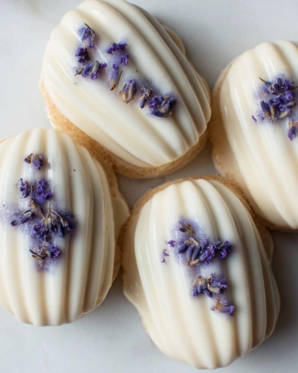 The image shows four shell-shaped cream-colored cakes placed closely together on a white marbled surface, each topped with small clusters of delicate purple flowers scattered on top, adding a soft, natural touch. The cakes have a smooth, shiny texture with a slight gloss, and their curves create gentle shadows that highlight their shape. The overall look is clean and elegant, giving a fresh and light feeling. photo taken with an iphone --ar 4:5 --v 7