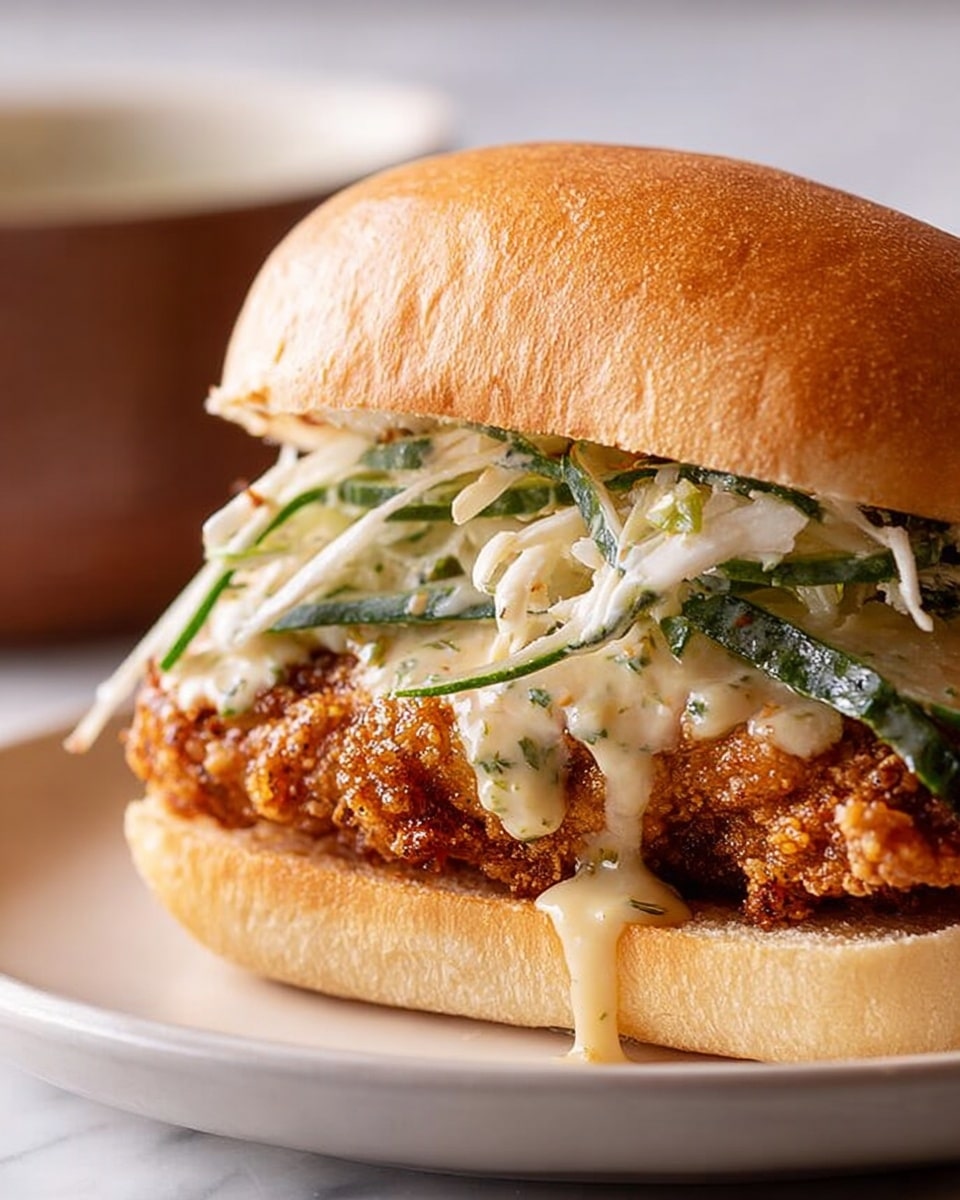 A sandwich with a golden-brown toasted bun on top and bottom, inside it has a crispy fried chicken fillet with a textured, crunchy coating in dark golden color in the middle layer. On top of the chicken, there is a layer of creamy white sauce with green herbs, drizzled unevenly, and above the sauce, there is a layer of shredded white cabbage mixed with thin green greens. The sandwich is on a white plate, with a blurred white marbled background. In the back, a white bowl is partially visible holding a salad with green and white colors. Photo taken with an iphone --ar 4:5 --v 7
