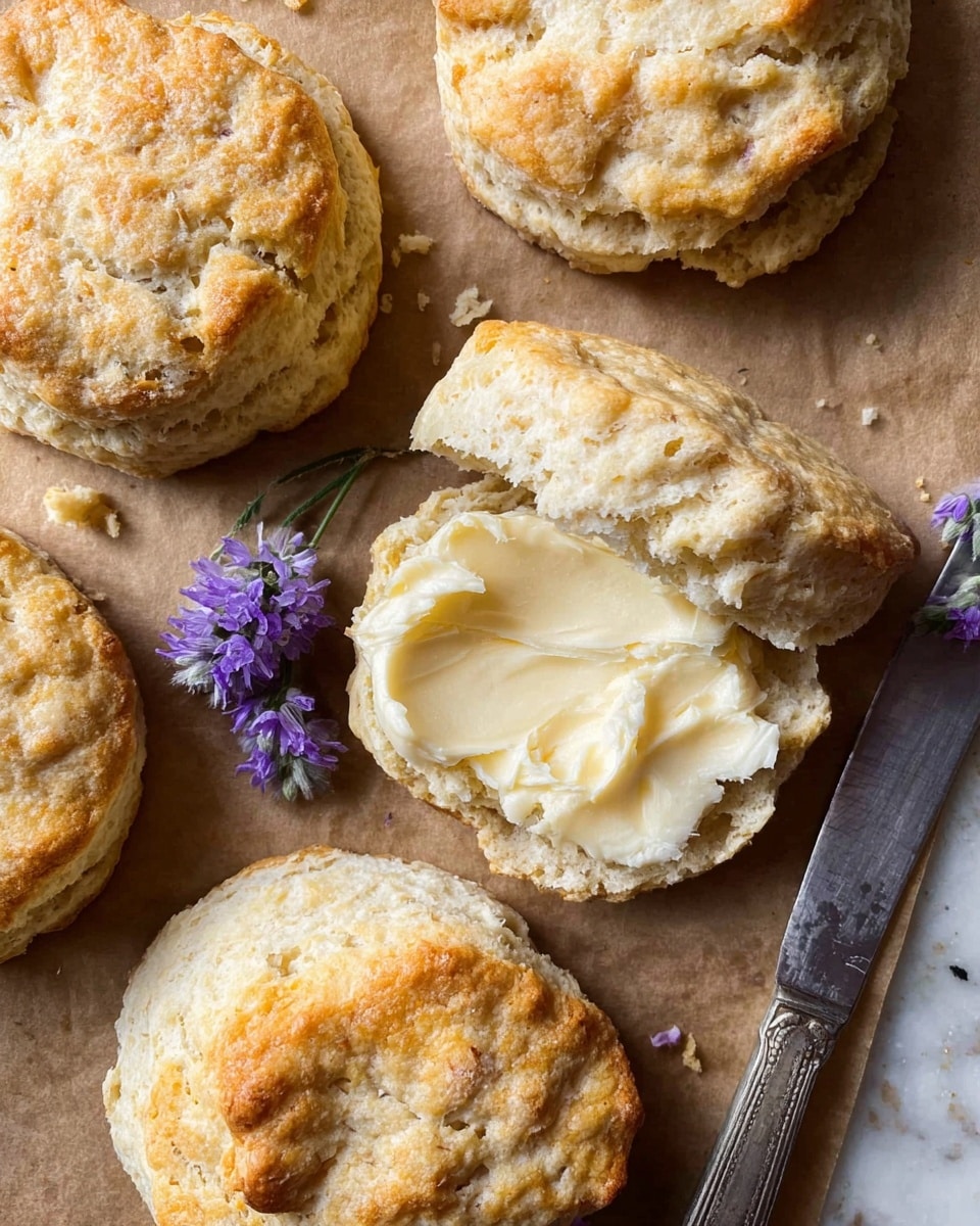 A close-up image of five lightly browned drop biscuits arranged on a textured brown surface, one split open showing the soft, crumbly inside with creamy butter spread unevenly on the bottom half. The biscuit halves have a golden crust with a rough, slightly cracked texture, and coarse salt scattered on top. A small sprig of fresh lavender with purple flowers lies near the biscuits, and a silver stainless steel butter knife rests on the lower right side of the frame, its blade slightly worn. The scene is lit softly, highlighting the warm tones and textures of the biscuits. Photo taken with an iphone --ar 4:5 --v 7