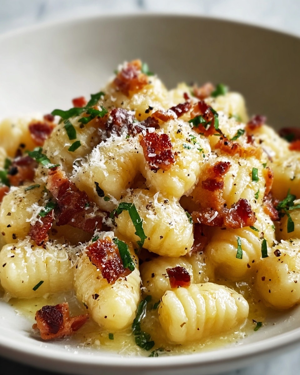 A white plate filled with golden gnocchi that have a soft, pillowy texture and small ridges on each piece, scattered with crispy dark brown bacon bits that add crunch. The gnocchi are coated with a shiny buttery sauce with small pools at the bottom. The dish is sprinkled with finely grated white cheese and black pepper specks, along with small green herb leaves for color. The scene is set on a white marbled surface, showing a close, warm, soft focus view. photo taken with an iphone --ar 4:5 --v 7