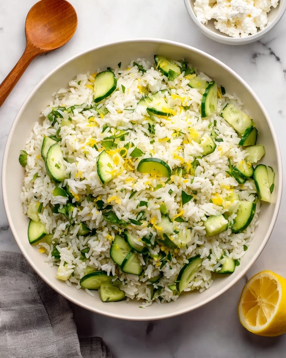 A white bowl filled with a mixed rice dish sits on a white marbled surface. The base layer is white rice that looks fluffy and soft. Mixed in are pieces of green cucumber, cut into small chunks and slices, which add a fresh and crunchy texture. Bright yellow lemon zest is scattered evenly throughout the rice, giving a hint of color and brightness. Small green herb leaves are visible, adding a touch of natural green color and texture to the dish. Nearby, there is a small white bowl with white cottage cheese and a bright yellow lemon resting on the white marbled surface. photo taken with an iphone --ar 4:5 --v 7