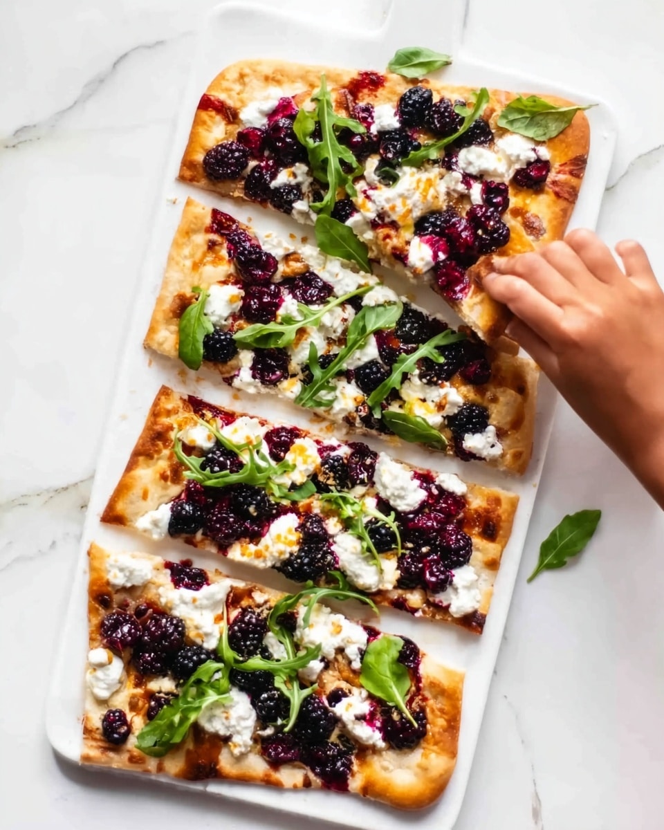 A rectangular flatbread pizza is sliced into six pieces arranged on a white plate, showing a golden brown crust. The pizza has a white creamy cheese layer spread unevenly with some melted texture, topped with dark purple roasted cherries or berries. Fresh green basil leaves are scattered over the top, adding a pop of color. A woman's hand is seen grabbing one slice from the right side of the plate. The background features a white marbled surface. Photo taken with an iphone --ar 4:5 --v 7
