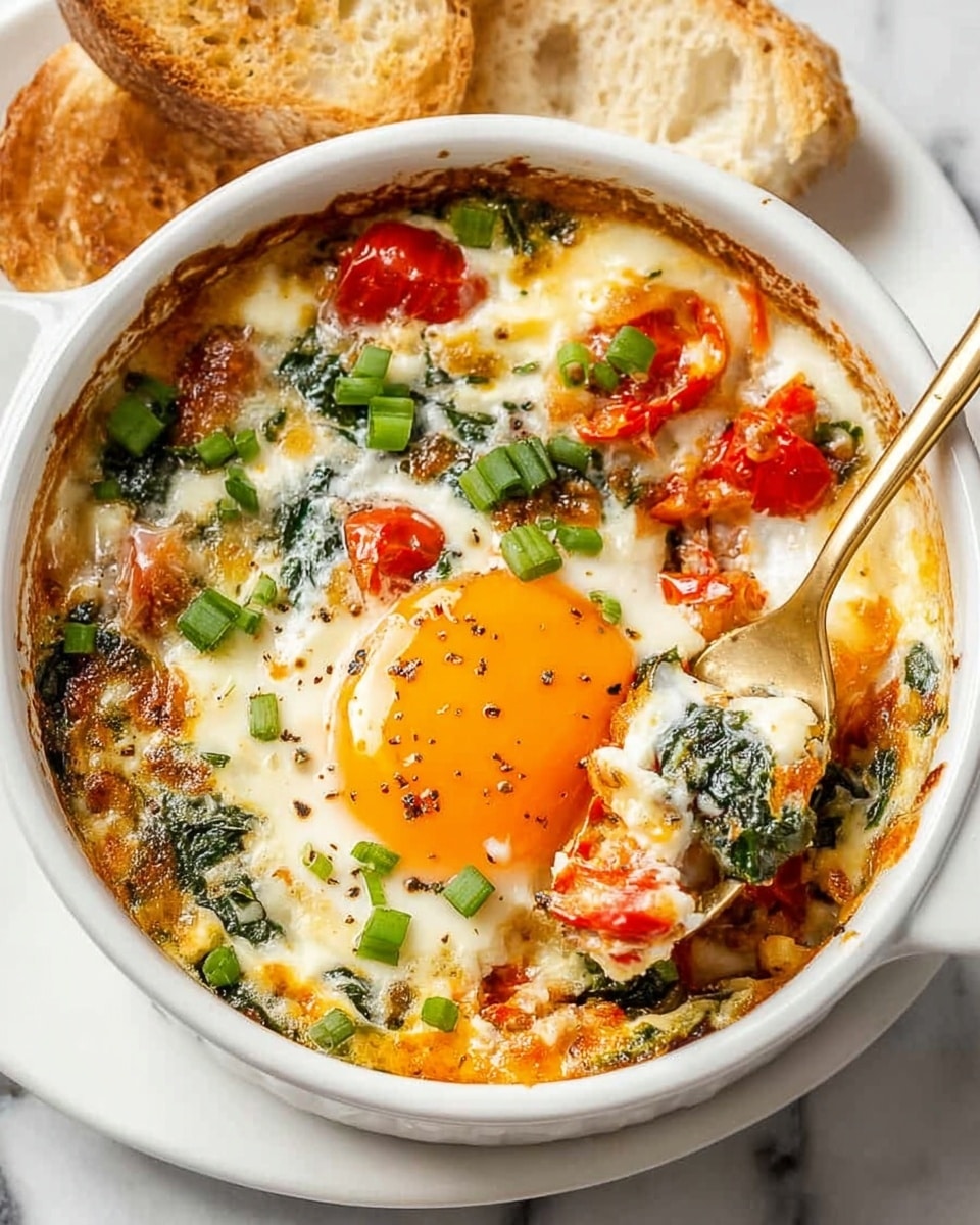 A white round ramekin filled with a baked egg dish, showing one whole egg with a bright orange yolk and white edges slightly cooked. Around the egg, there are visible layers of melted yellow cheese mixed with pieces of green spinach leaves and red cherry tomatoes, some cut in halves. The top is sprinkled with chopped green onions and a light dust of black pepper. The ramekin is placed on a white marbled surface next to two slices of toasted bread with a golden brown crust. A golden spoon rests inside the dish, slightly scooping into the mixture, showing its soft and creamy texture. Photo taken with an iphone --ar 4:5 --v 7