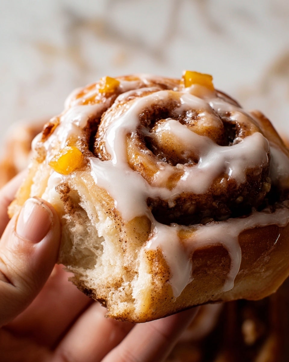 A close-up image of a cinnamon roll being held by a woman's hand, showing three visible layers: the soft, light golden-brown dough base, a thick layer of dark brown cinnamon sugar swirl in the middle, and a shiny white glaze drizzled on top which looks creamy and smooth, with small orange fruit pieces scattered on the glaze and roll surface. The roll has a slightly torn edge, revealing the fluffy texture inside. The background is a white marbled texture, giving a clean and bright look. photo taken with an iphone --ar 4:5 --v 7