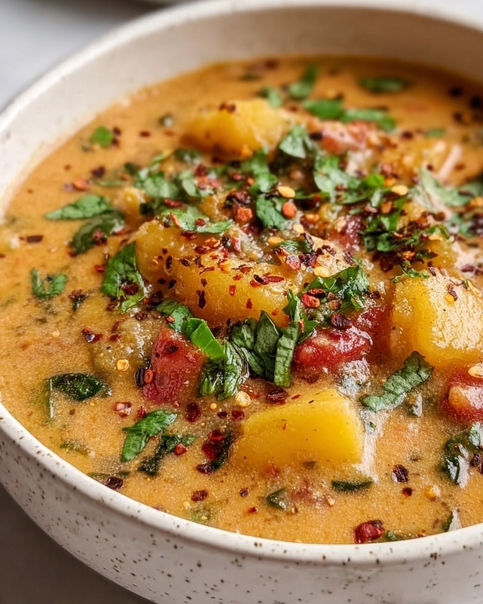 The image shows a bowl filled with thick, creamy soup that has a yellow-orange base with visible chunks of vegetables, including pieces of red tomatoes and soft yellow potatoes. The soup is topped with fresh green herbs, possibly parsley or cilantro, and sprinkled with coarse spices and red pepper flakes. The bowl is white with a speckled texture and sits on a white marbled surface. photo taken with an iphone --ar 4:5 --v 7