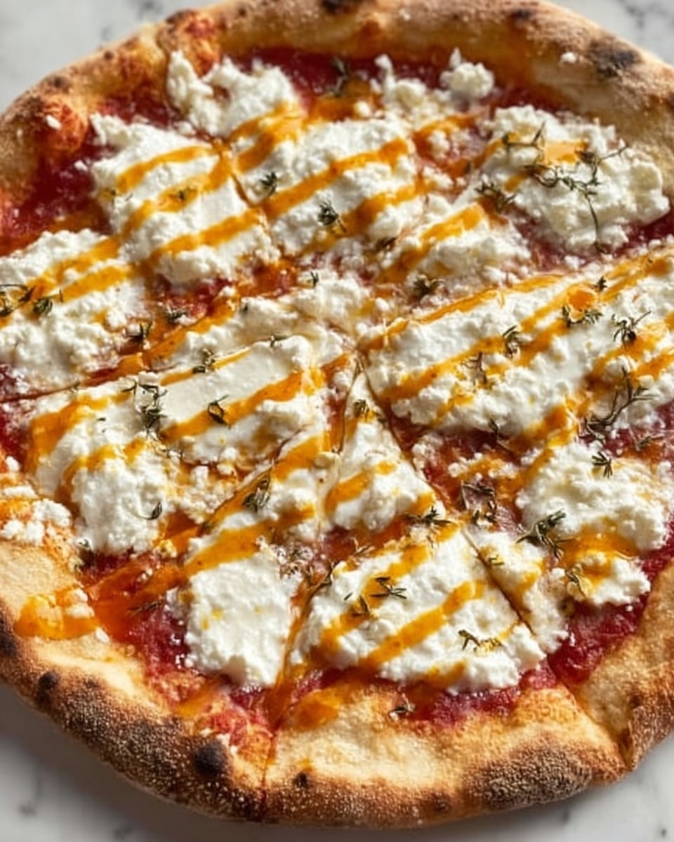 A round pizza with a golden-brown crust sits on a white marbled surface. The pizza has two main layers: a bright red tomato sauce spread evenly on the base, topped with dollops of soft white cheese scattered all over. Thin streaks of orange sauce are drizzled diagonally across the pizza, and small green herbs are sprinkled on top, adding color and texture. The crust has a slightly puffed and crispy edge with light browning. Photo taken with an iphone --ar 4:5 --v 7
