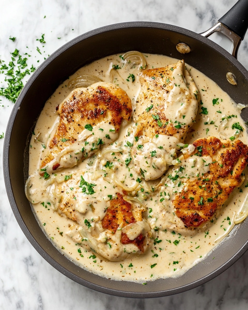 The image shows a black pan with four browned chicken breasts cooking in a creamy light beige sauce. The sauce has visible thin slices of onions and is sprinkled with small green herb bits. The browned chicken breasts are partially covered with the sauce, with some crispy golden-brown edges visible. The pan is placed on a white marbled surface with a few scattered herb bits around. Photo taken with an iphone --ar 4:5 --v 7