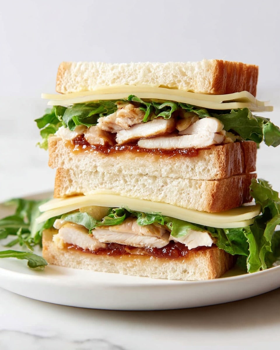 The image shows a sandwich cut in half vertically and stacked, placed on a white plate with a few green leaves around it. Each half has three layers of soft, light beige bread. Between the bread layers, there is a bottom layer of reddish-brown sauce, followed by a layer of white cooked chicken pieces. On top of the chicken is a melted creamy white cheese layer, and above that, a generous layer of fresh green leafy vegetables. The sandwich looks fresh and vibrant against a white marbled background. photo taken with an iphone --ar 4:5 --v 7