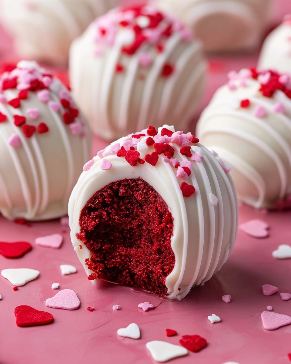 The image shows a close-up view of multiple round cake balls with a white outer coating and red, pink, and white heart-shaped sprinkles on top. The main focus is on one cake ball in the front, which has a bite taken out, revealing a moist, deep red crumb inside. The white coating has a smooth, swirled texture with a small pool of white coating at the base. Scattered around the cake balls are small heart-shaped sprinkles matching those on the treats. The background is a pink surface, and the overall look is soft and inviting. photo taken with an iphone --ar 4:5 --v 7