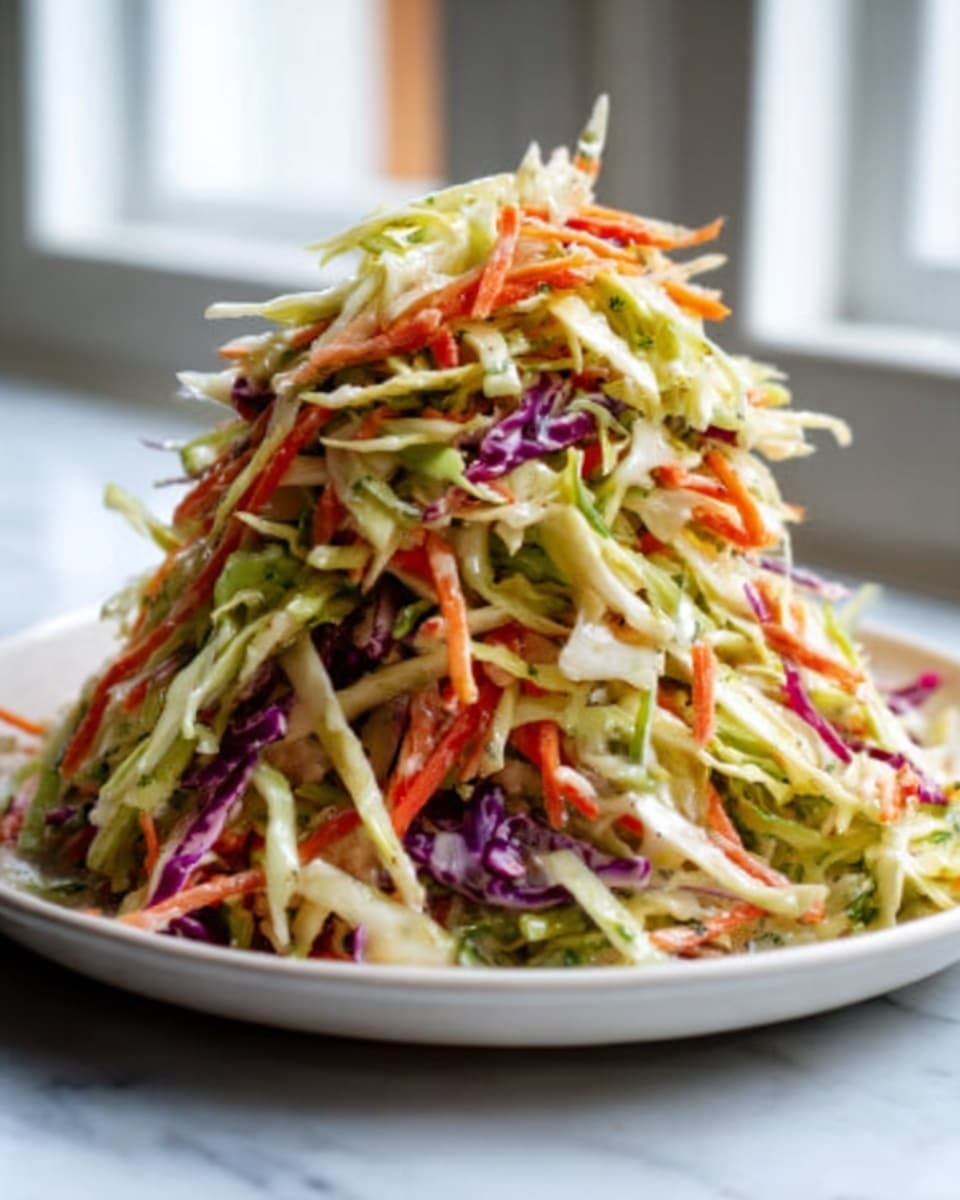 A tall, colorful pile of fresh coleslaw sits on a white plate, placed on a white marbled surface. The dish shows many thin layers of shredded vegetables, including bright green cabbage, orange carrots, and some purple cabbage mixed in. The vegetables are finely shredded, creating a soft, fluffy texture, and the pile rises high in the center of the plate, tapering as it goes up. Light shines softly from the side, showing a fresh, crisp look of the salad. Photo taken with an iphone --ar 4:5 --v 7