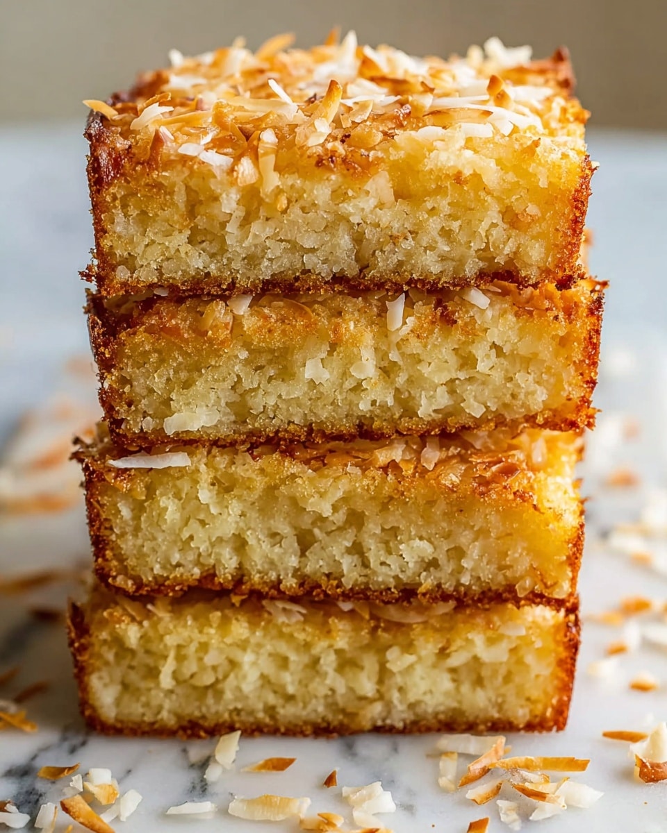 A close-up view of four stacked rectangular slices of moist coconut cake, each slice showing a golden brown crust with a slightly crisp and toasted texture. The inside of the cake is light yellow and dense with visible grains of shredded coconut, and the top of each slice is sprinkled generously with toasted coconut flakes that have a light tan color. Some toasted flakes are scattered around the base slice, resting on a white marbled surface. The edges of the cake appear slightly caramelized, adding a deeper brown contrast to the lighter, soft inside layers. Photo taken with an iphone --ar 4:5 --v 7